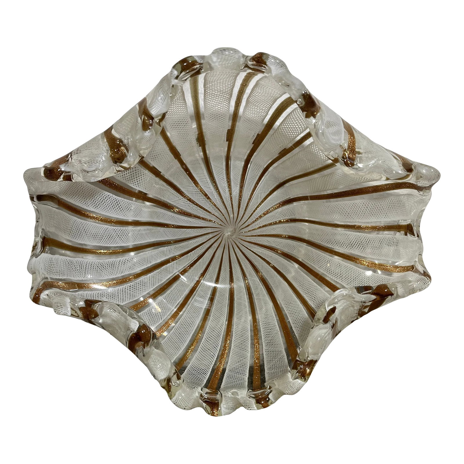 Mid 20th Century Copper/White Ribbon Bowl Attributed to Fratelli Toso-Murano: Large, intricate, and regal centerpiece bowl attributed to Fratelli Toso-Murano. Thick heavy art glass with a ruffled rim, white lace banding, and copper aventurine ribbons. A most beautiful piece.