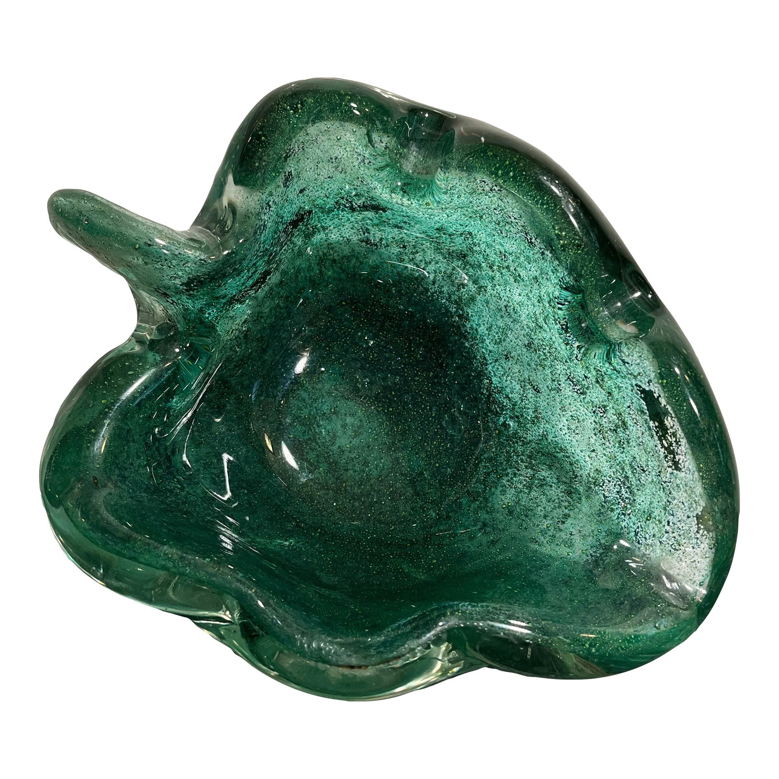 Mid 20th Century Barovier Murano Attributed Green Glass Dish/Ashtray: Attributed to Barovier, Murano Glass leaf form dish/ashtray. *Acquired from the collection of John 'Parker' Prindle, JR., Boston, MA. John 'Parker' Prindle, Jr., of Beacon Hill in Boston, Massachusett