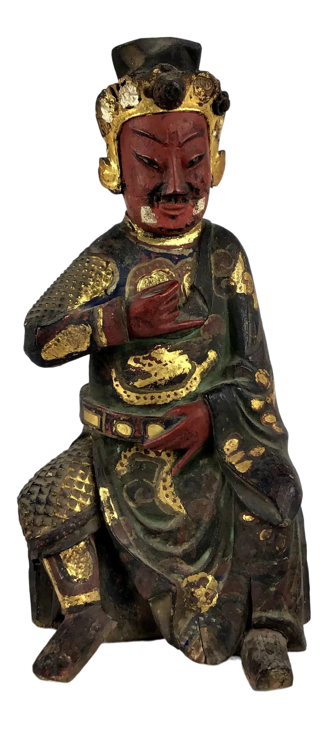 Late 18th Century Antique Chinese Carved Gilt Gold Wood Alter Statue: Finely carved rare wooden alter statue from China. This hand carved work of art is in wonderful condition considering it is over 200 years old. These statues were hung on the wall of the alters of pla