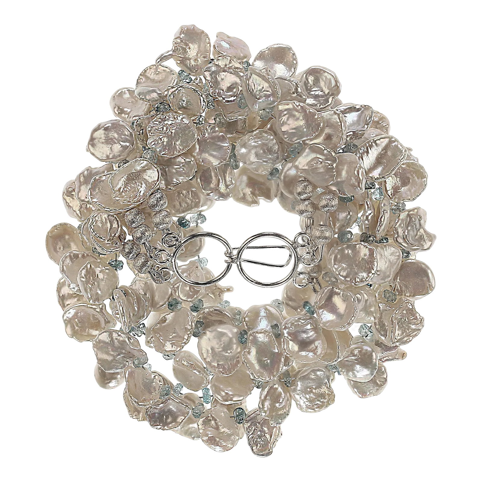 Triple Strand of White Keshi Pearls Accented With Blue Zircons: This is part of Chairish's Fine Jewelry assortment. Elegant Triple Strand White Keshi Pearl Necklace with Blue Zircon Accents Elevate your jewelry collection with this exquisite Triple Strand White Ke