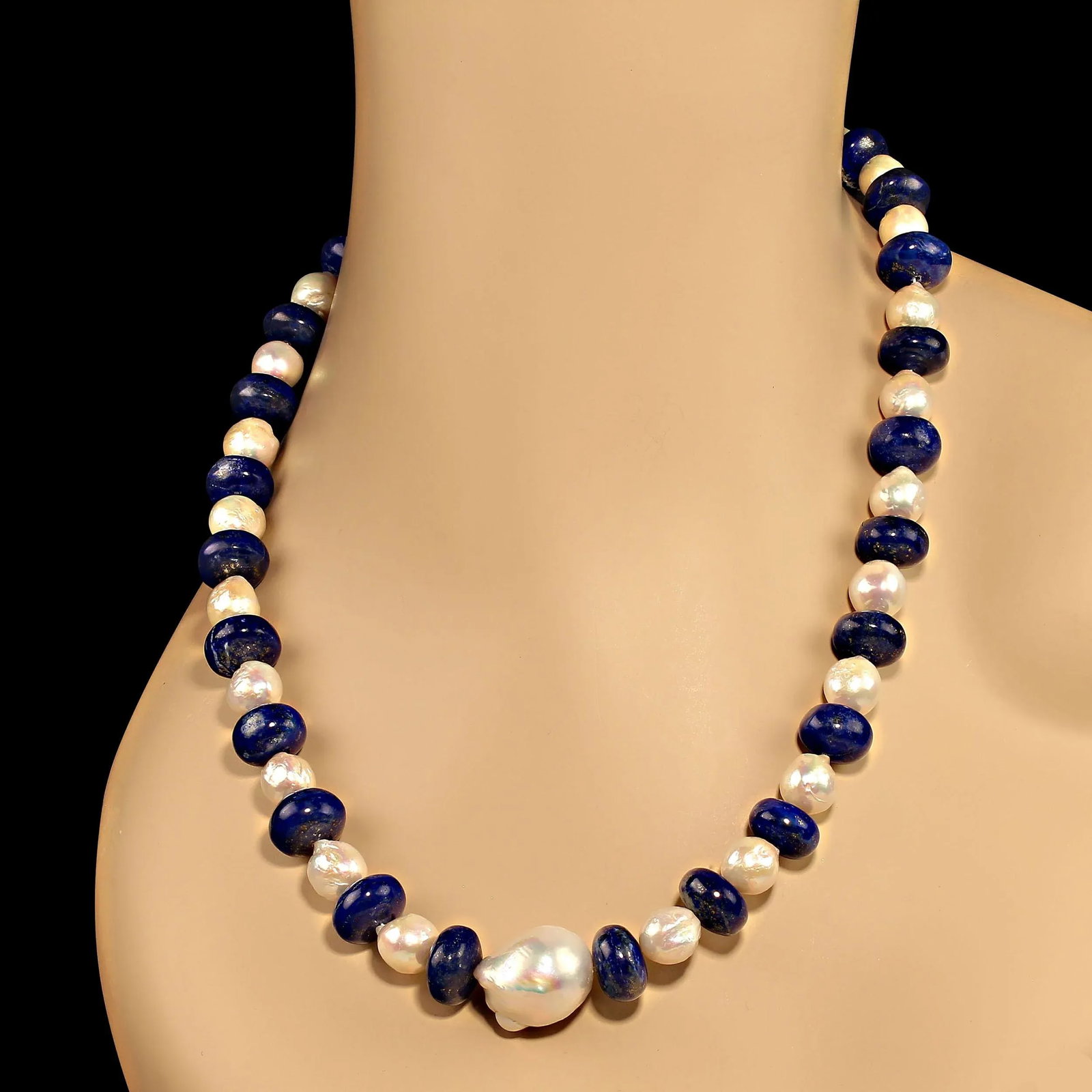 White Pearl and Blue Lapis Lazuli Necklace - 2