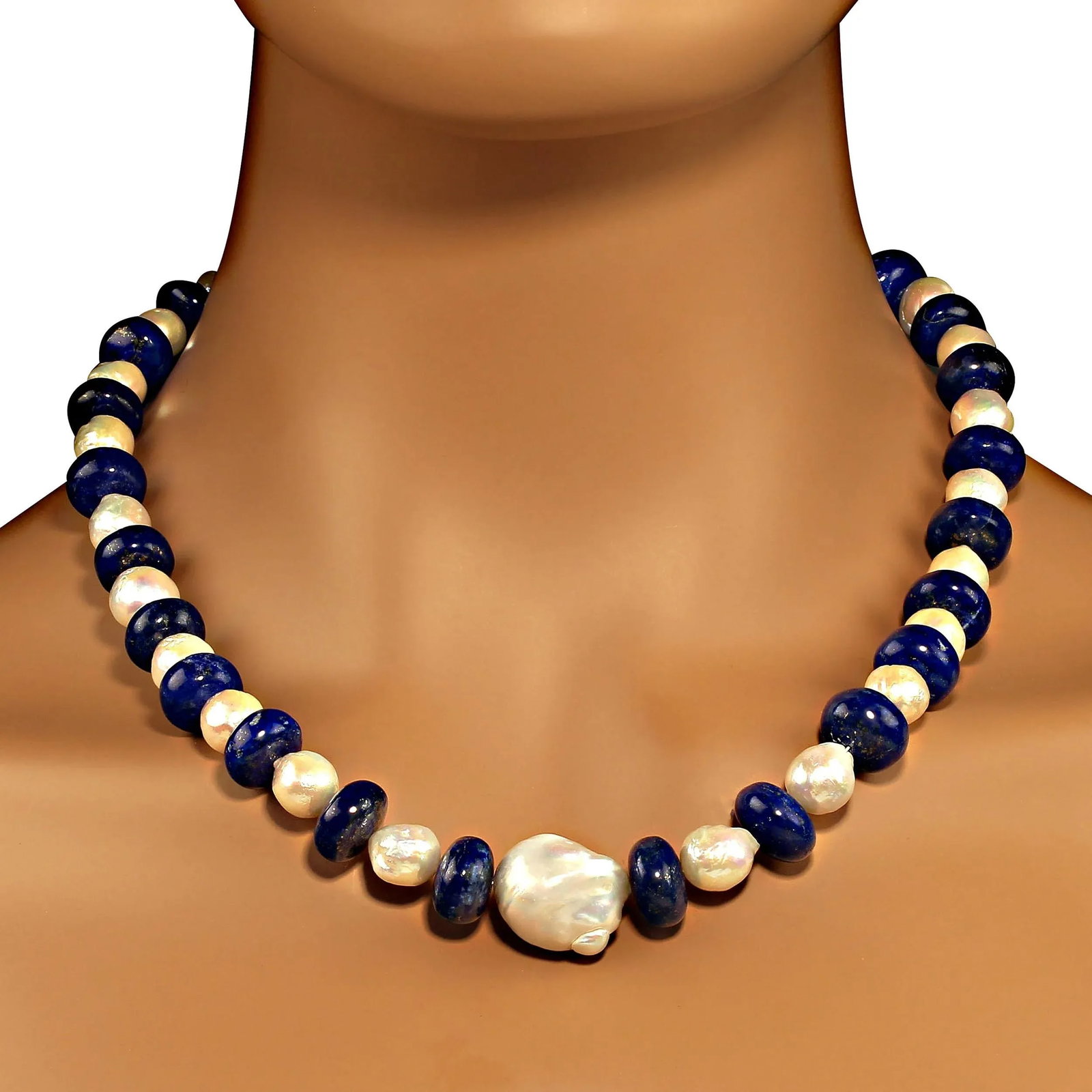 White Pearl and Blue Lapis Lazuli Necklace - 4