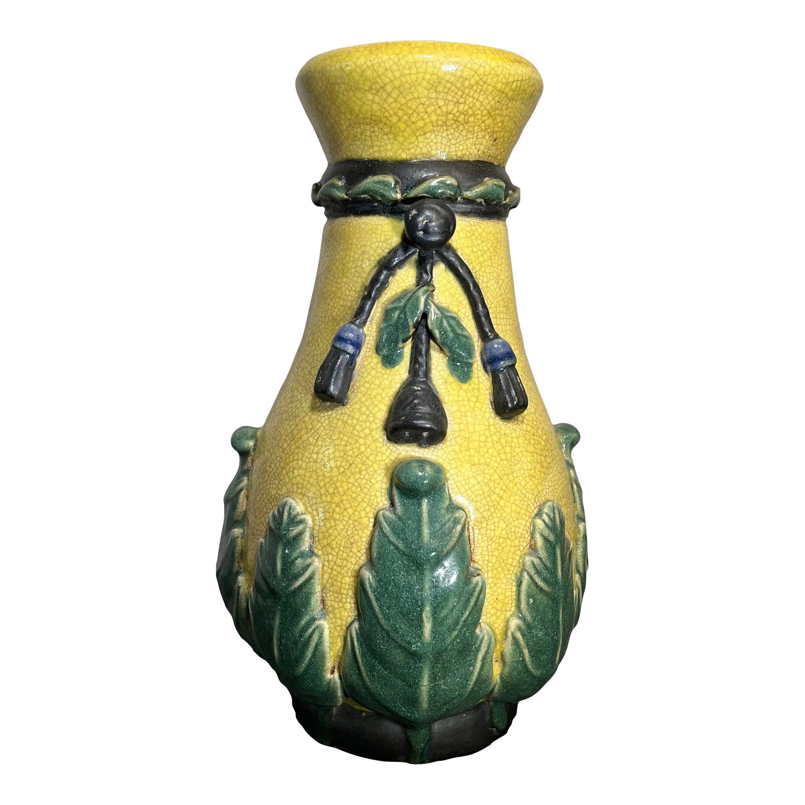 Large Late 20th Century Yellow Chinoiserie Craquelure Vase: Thick and heavy ceramic craquelere vase with applied leaves & tassel motif. Earthy tones of mustard yellow, green, cream, & black. Condition: Alterations: Original Condition Unaltered Imperfections: