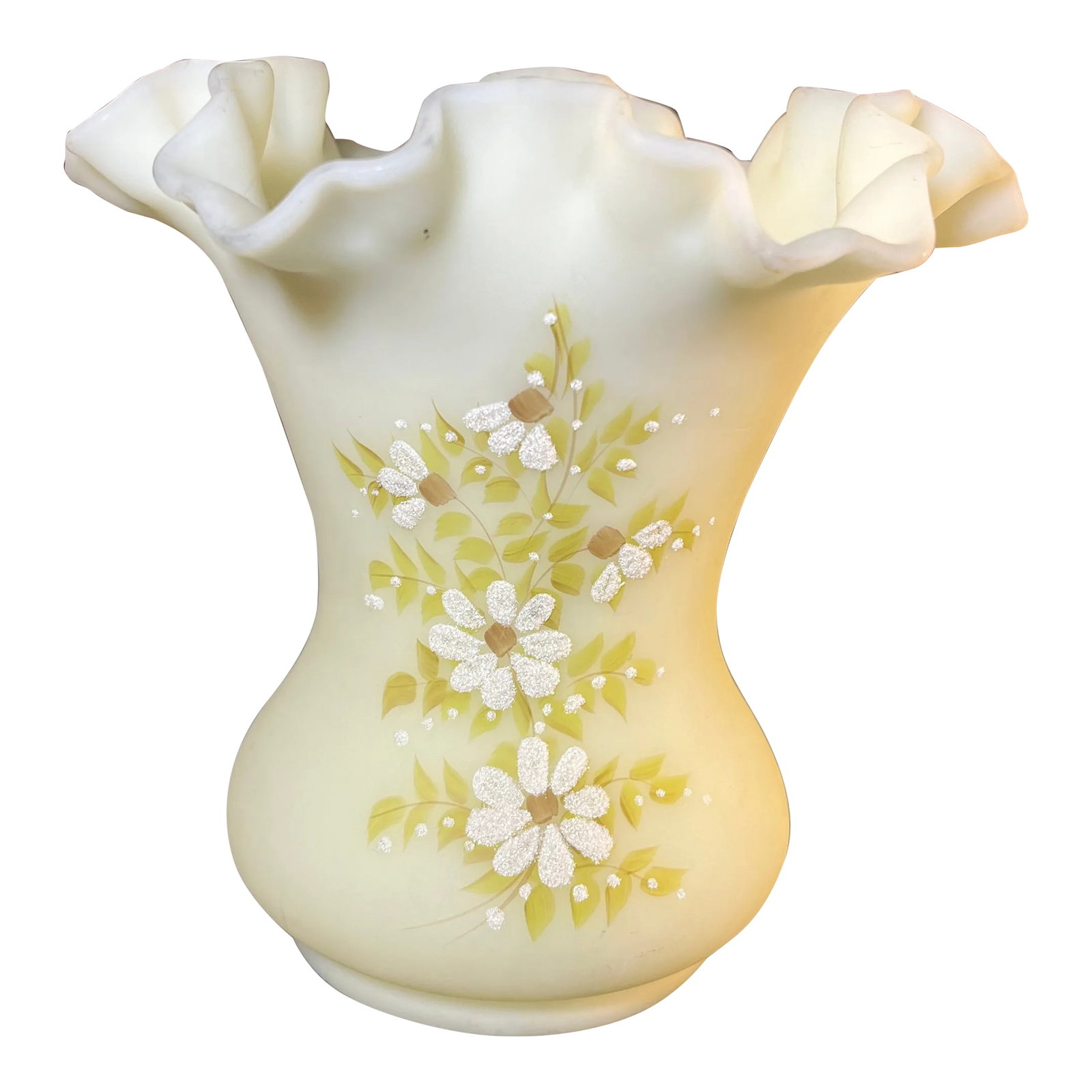 1970s Daisies on Custard Vase by Fenton: Beautifully hand painted textured daisies on custard satin. Notes of silver, brown, and green. Signed on bottom S. Johnson. Condition: Alterations: Original Condition Unaltered Imperfections: Some