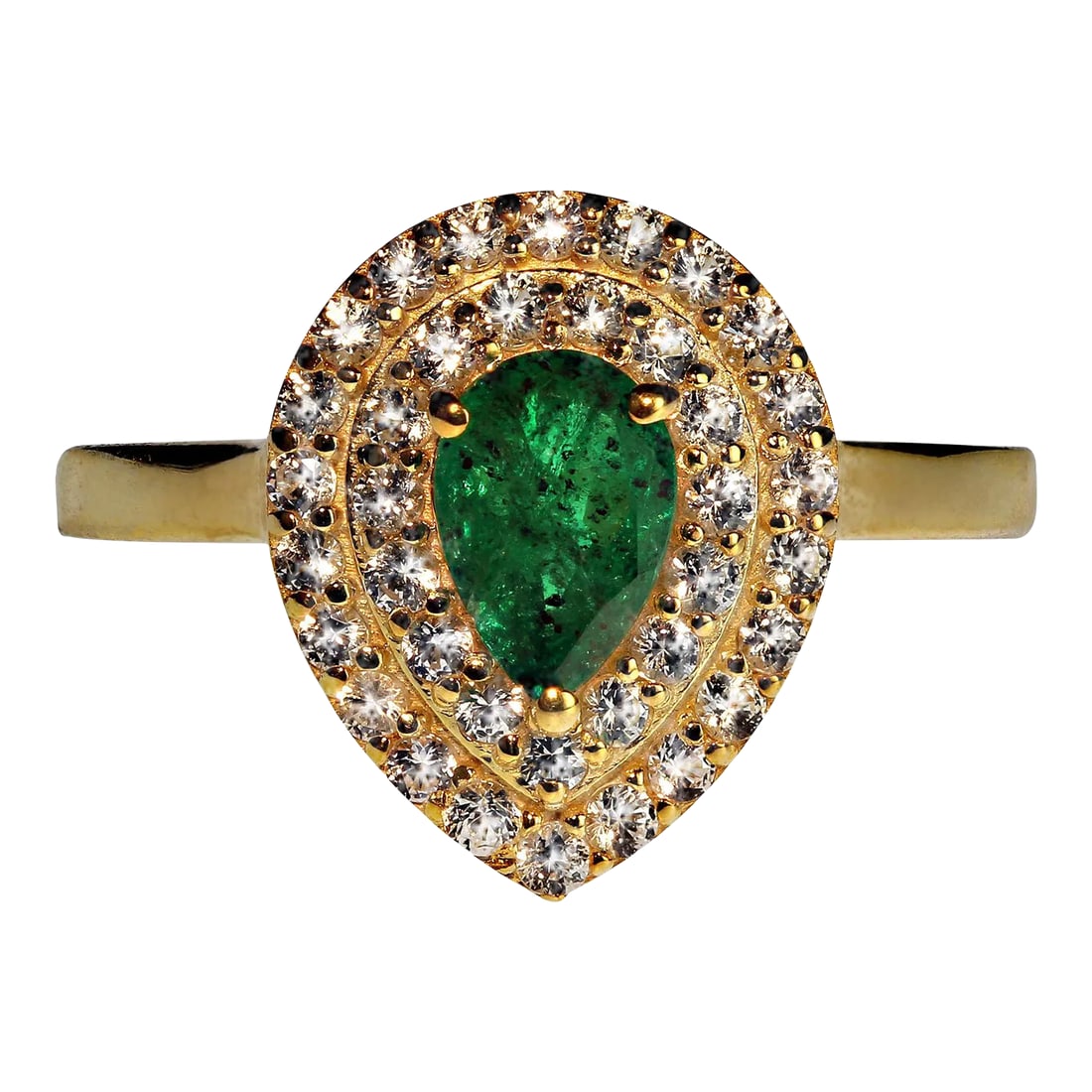 Emerald and White Sapphire Ring Size 8.25: This is part of Chairish's Fine Jewelry assortment. Exquisite Brazilian Emerald & White Sapphire Ring in Gold Rhodium Over Sterling Silver Elevate your style with this stunning pear-shaped Brazilian