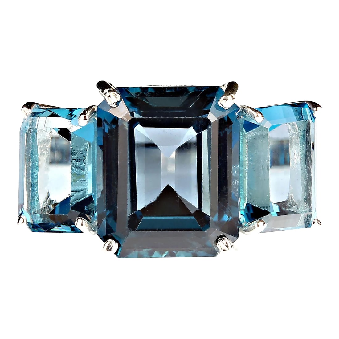Classic Three Stone Ring of Emerald Cut London Blue Topaz Size 8: This is part of Chairish's Fine Jewelry assortment. Elegant Classic London Blue Topaz Three-Stone Ring Introducing our stunning classic three-stone ring featuring exquisite London Blue Topaz gemstones