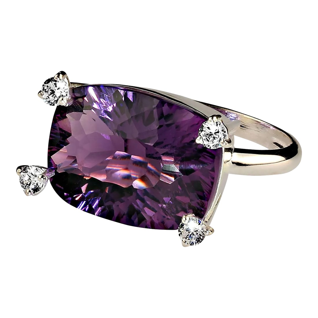 AJD Contemporary Scintillating Amethyst and White Zircon Ring Size 8: This is part of Chairish's Fine Jewelry assortment. Contemporary ring of special cut Amethyst that has amazing sparkle and four highly set scintallating white zircons. The zircons cover each corner
