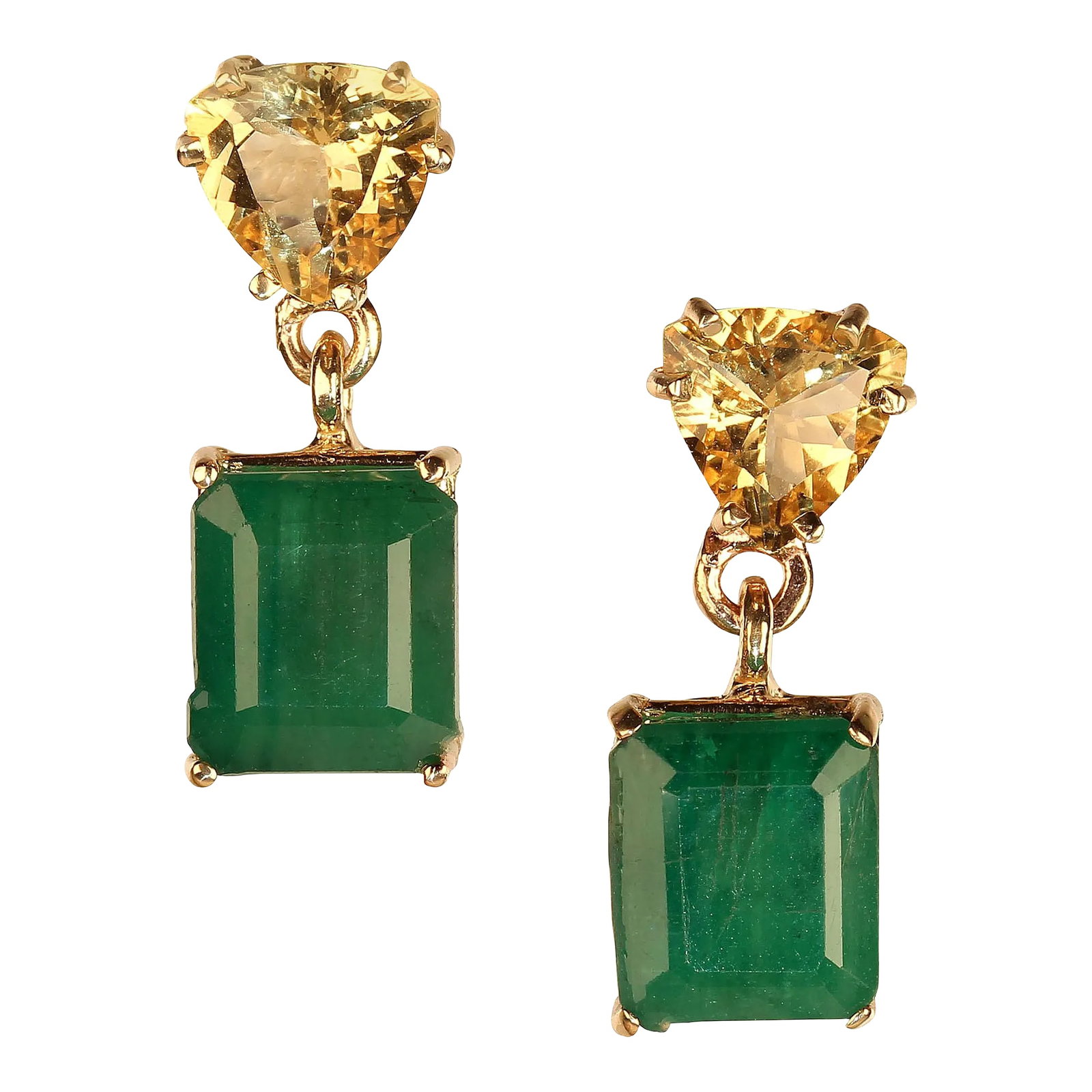 AJD Bold Emerald and Golden Beryl Dangle Earrings in 14k Yellow Gold - 2 Pieces: This is part of Chairish's Fine Jewelry assortment. Another pair of unique earrings from the Aria Collection. 10 Carats of green, green Emeralds dangling from sparkling gold, gold golden Beryls make t