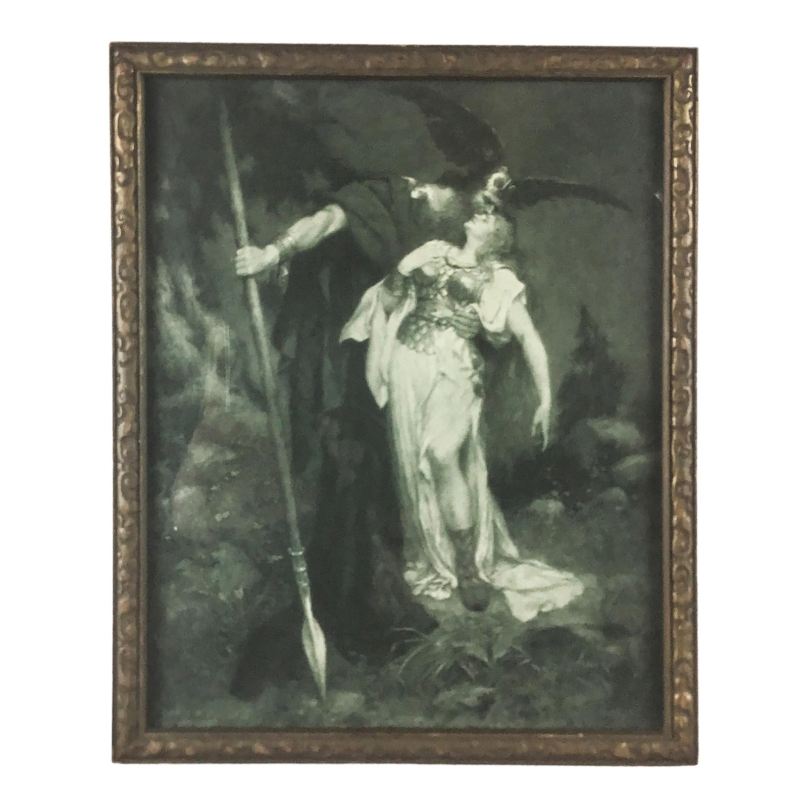 Framed Antique Lithography Print of "Farewell" by Ferdinand Leeke: Wotan and Brunnhilde Wotan Takes Leave of BrÃ¼nnhilde, circa 1892. Illustration by Konrad Dielitz. This work depicts the poignant farewell between the god Wotan and his disobedient yet belov