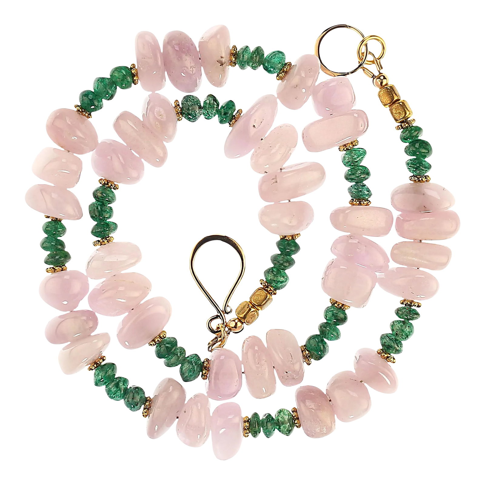 Kunzite and Aventurine Necklace: This is part of Chairish's Fine Jewelry assortment. Elegant 17-Inch Kunzite and Green Aventurine Necklace – A One-of-a-Kind Summer/Cruise Accessory Add a touch of sophistication to your