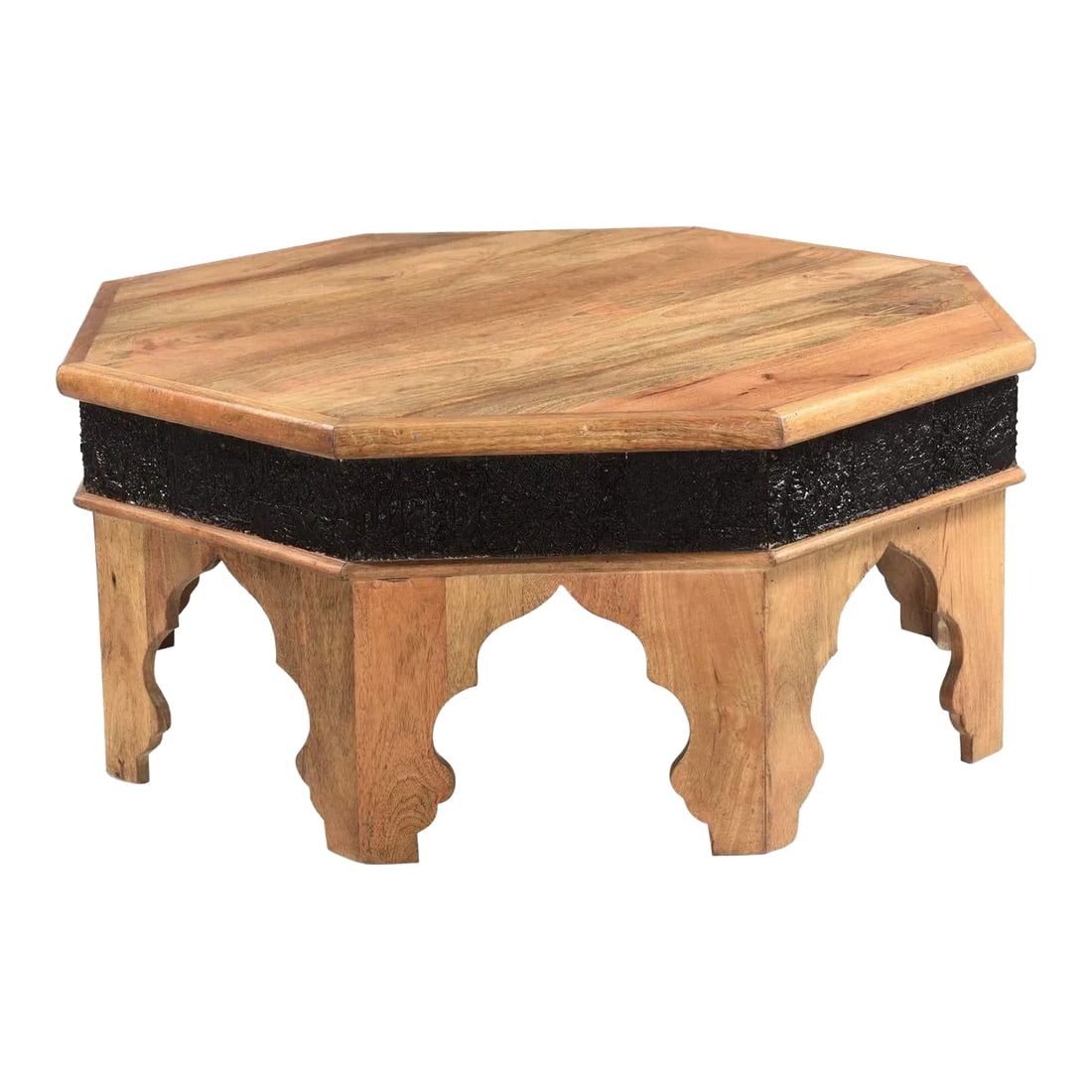 1980s Mediterranean Style Solid Wood Hexagon Small Coffee Table With Vintage Stamps Carved Border: Dimensions: 39" W x 39" D x 17" H Features: "• 100% solid wood construction "• Vintage carved fabric printing stamps used in the apron border "• Natural wood finish with contasting