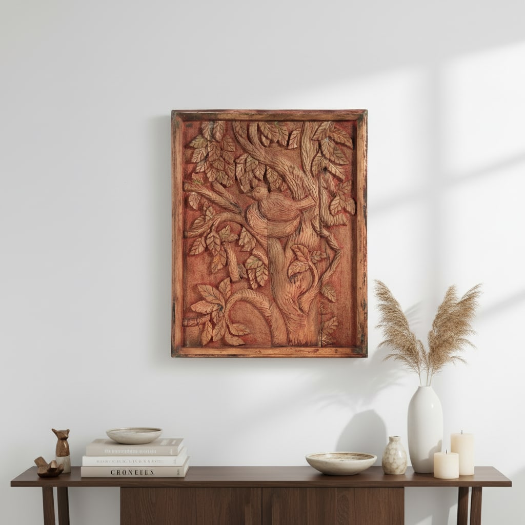 Vintage Carved Tree of Life With Birds Wooden Wall Panel - 2