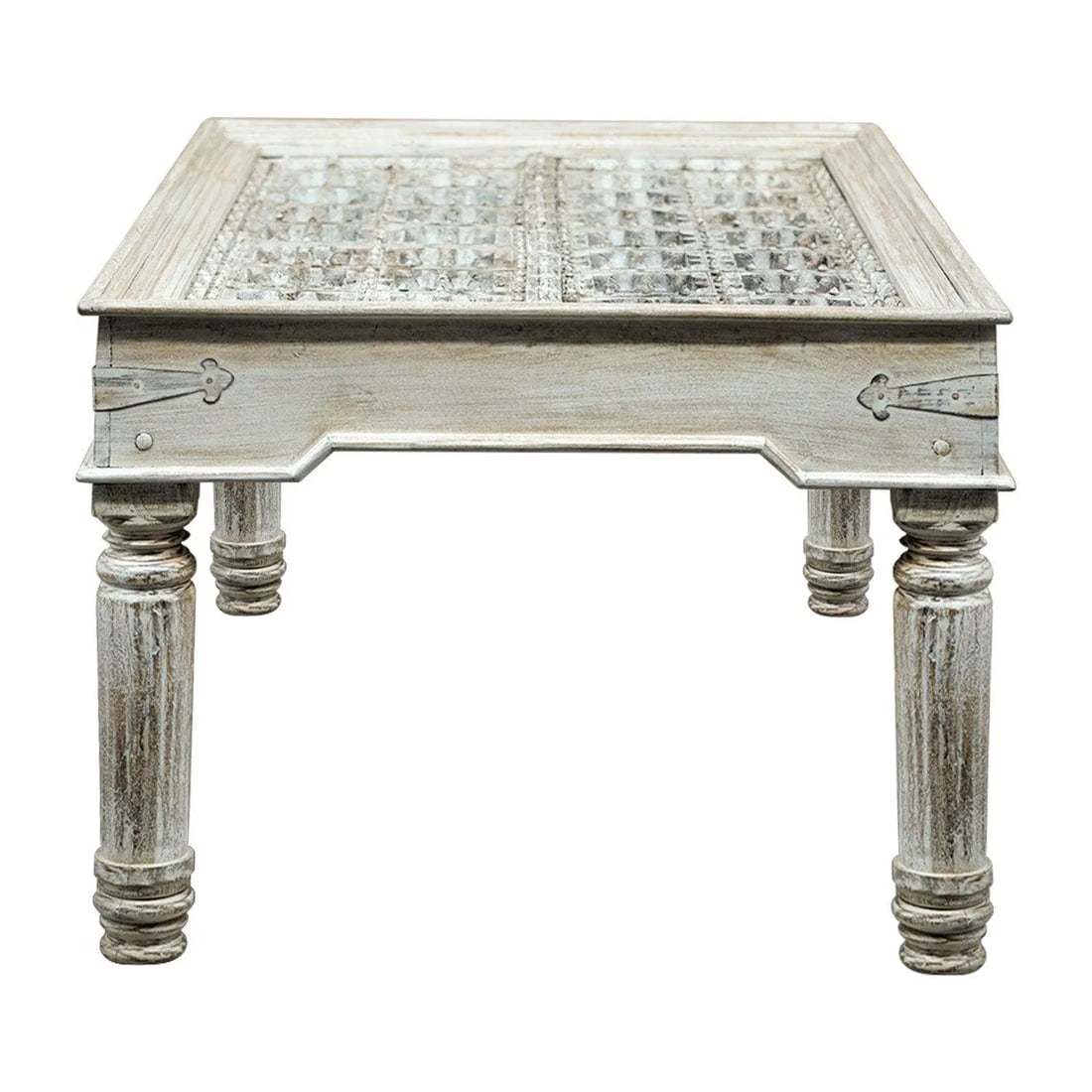 Long Carved Antique Door 6- Seater Dining Table - Distressed White - 2