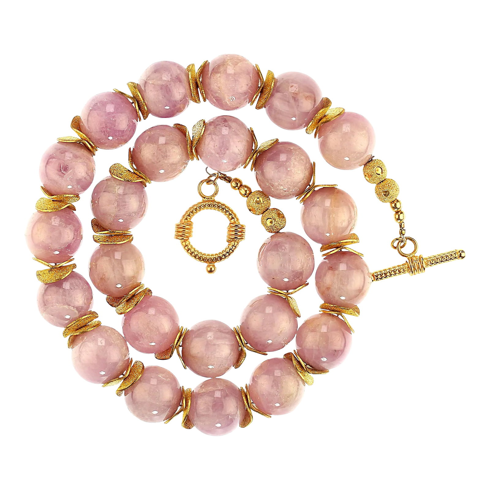 Pink Kunzite With Goldy Accents Necklace: This is part of Chairish's Fine Jewelry assortment. Delicate Pink Kunzite Necklace – 14mm Beads with Gold-Tone Flutter Spacers, Vermeil Toggle Clasp (16 inches) This delicate pink Kunzite