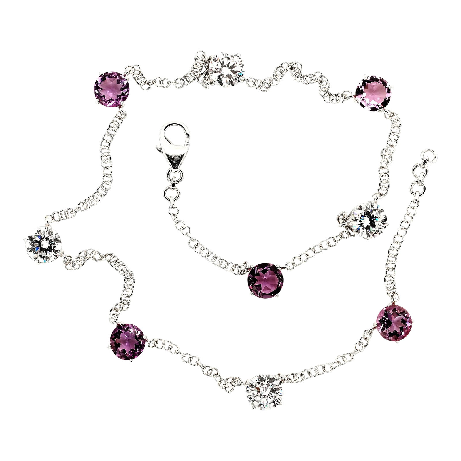 Necklace of Amethyst and Genuine White Zircon February Birthstone: This is part of Chairish's Fine Jewelry assortment. Experience the allure of this unique handmade necklace, featuring five stations of stunning 8mm Amethyst gemstones alternating with four stations