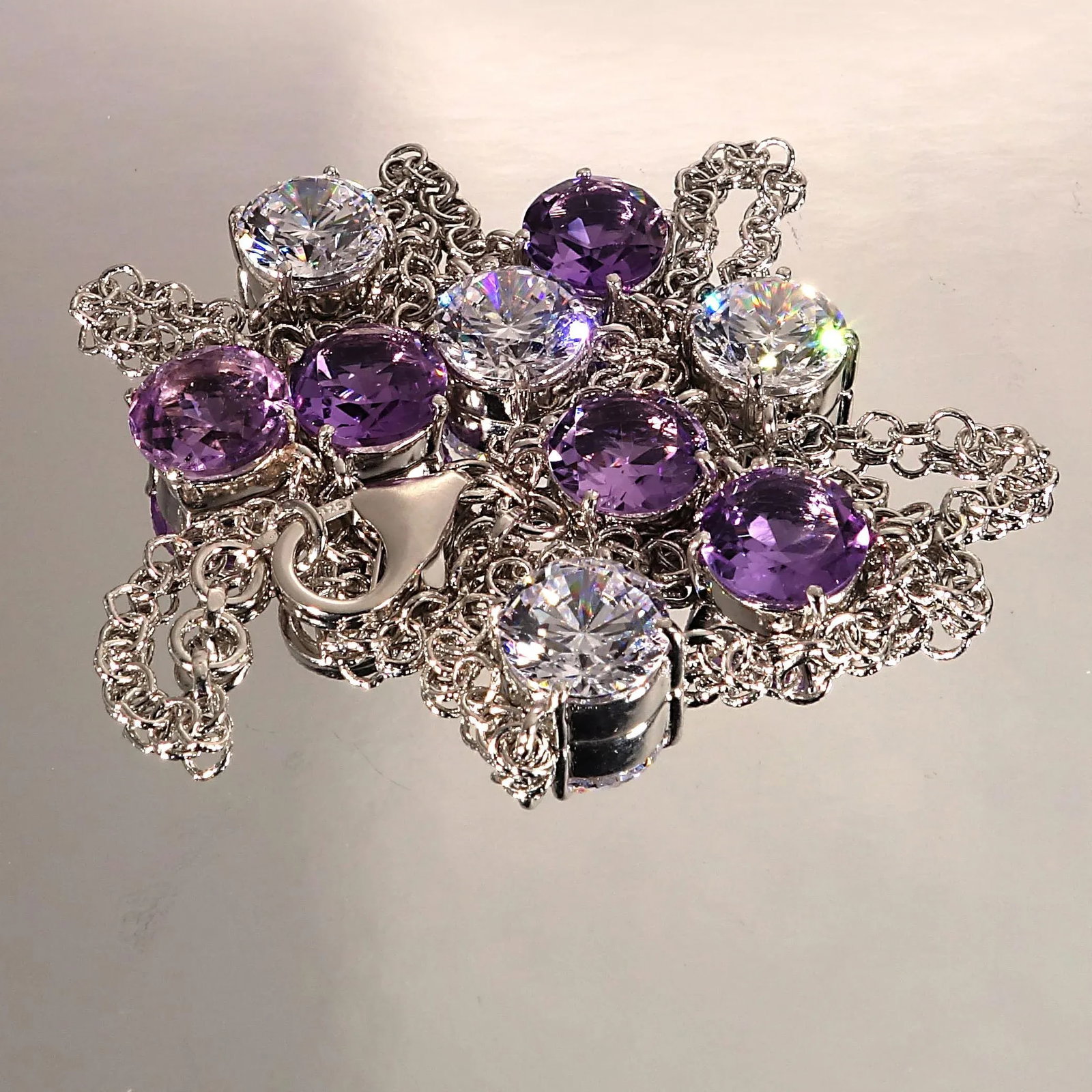 Necklace of Amethyst and Genuine White Zircon February Birthstone - 2