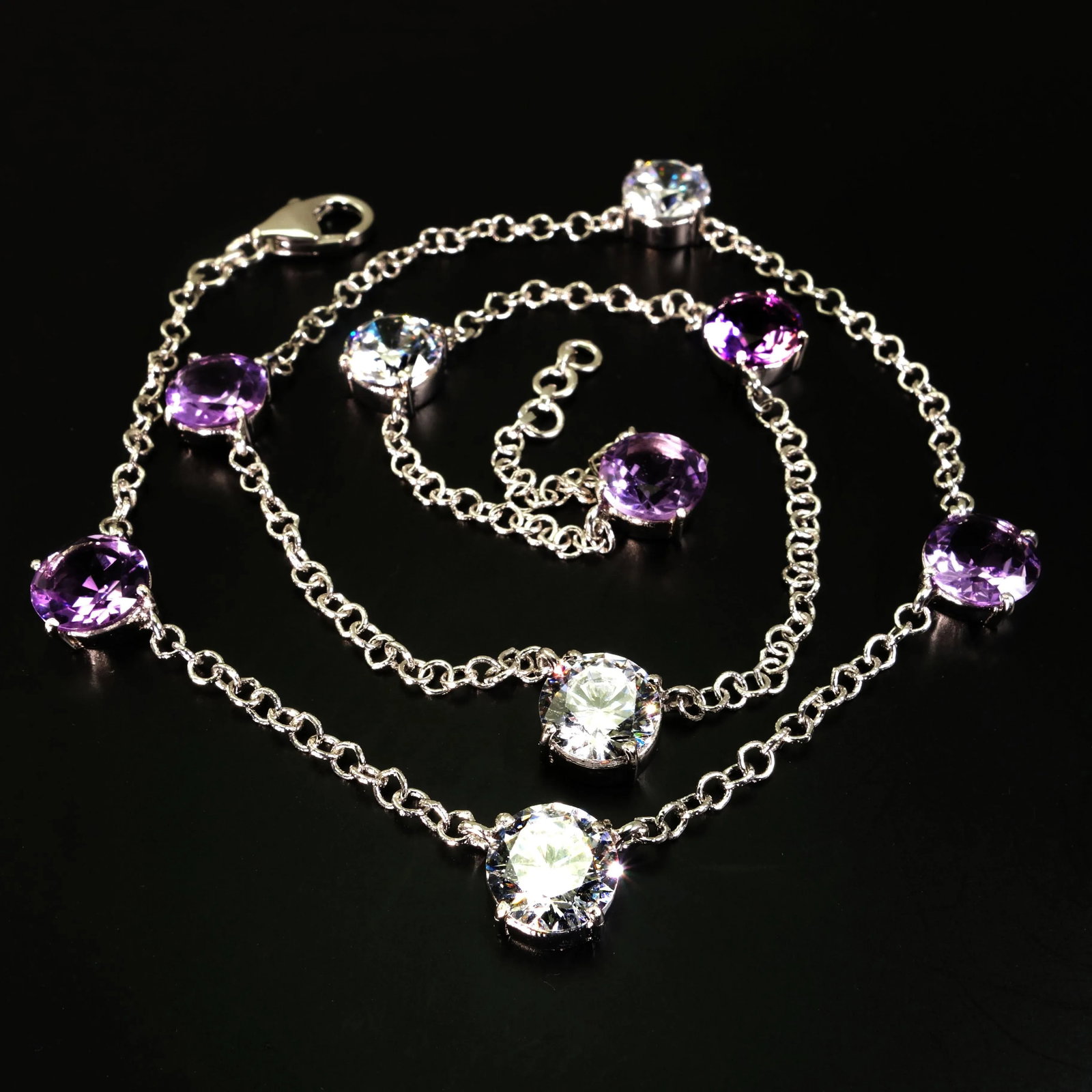 Necklace of Amethyst and Genuine White Zircon February Birthstone - 6