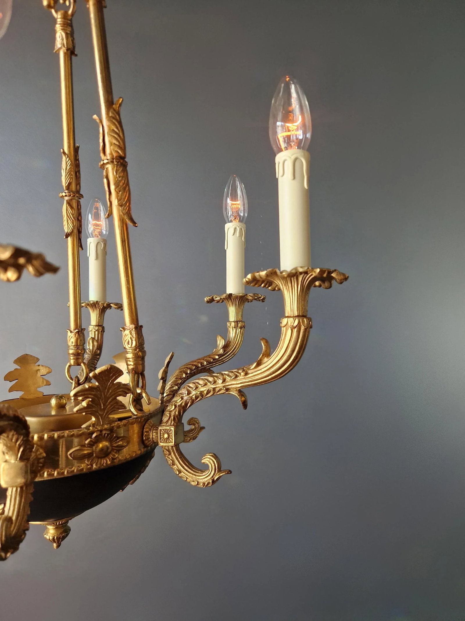 Small Brass Empire Lustre Chandelier in Antique Gold Finish - 7