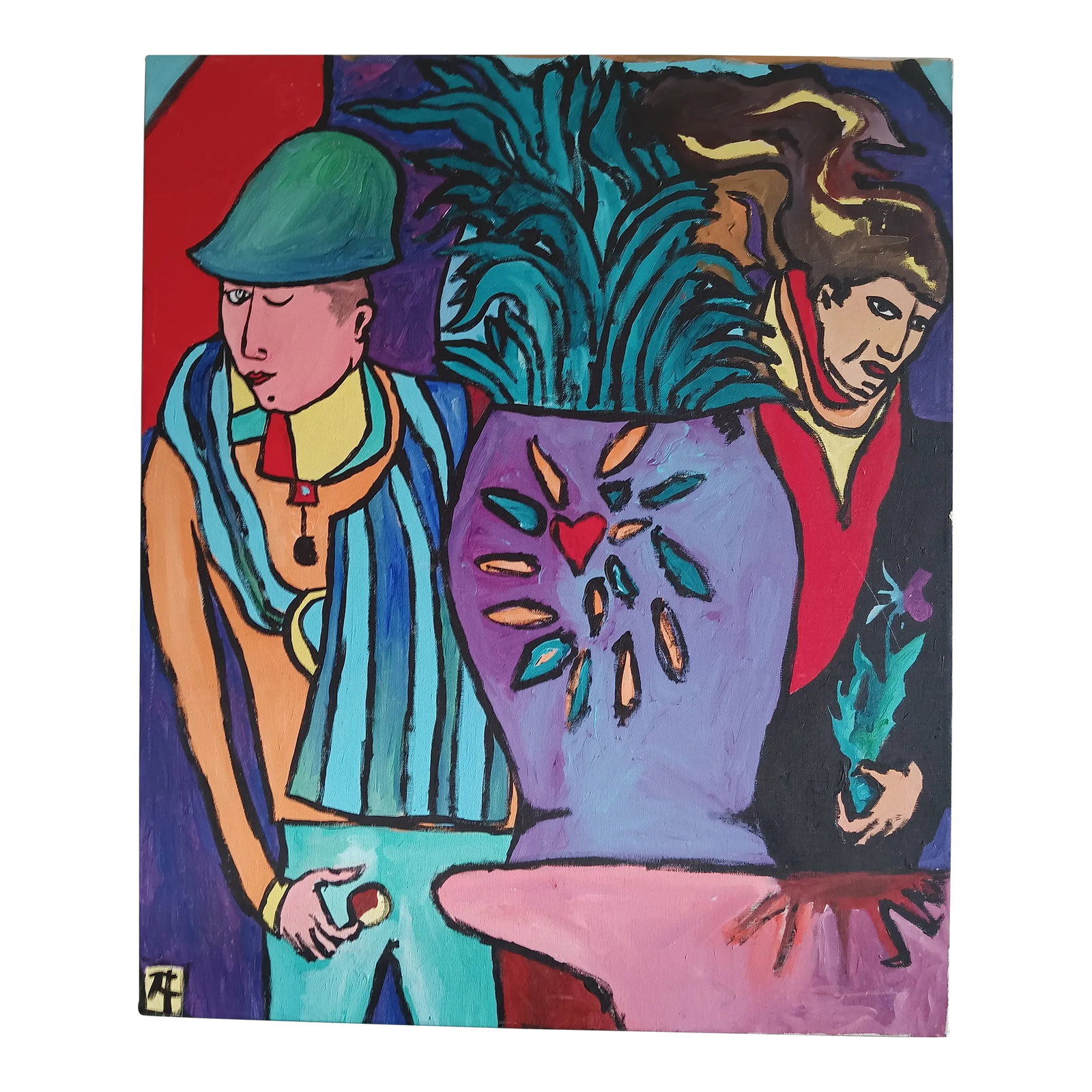 The Lovers Original Acrylic on Canvas by Angelo Franco: Angelo Franco, American/Colombian, b. 1976 "The Lovers" Acrylic on Canvas, c. 1995 30 x 25 inches on Stretcher, unframed. This painting is beautifully rendered in strong bold colors depicting two love