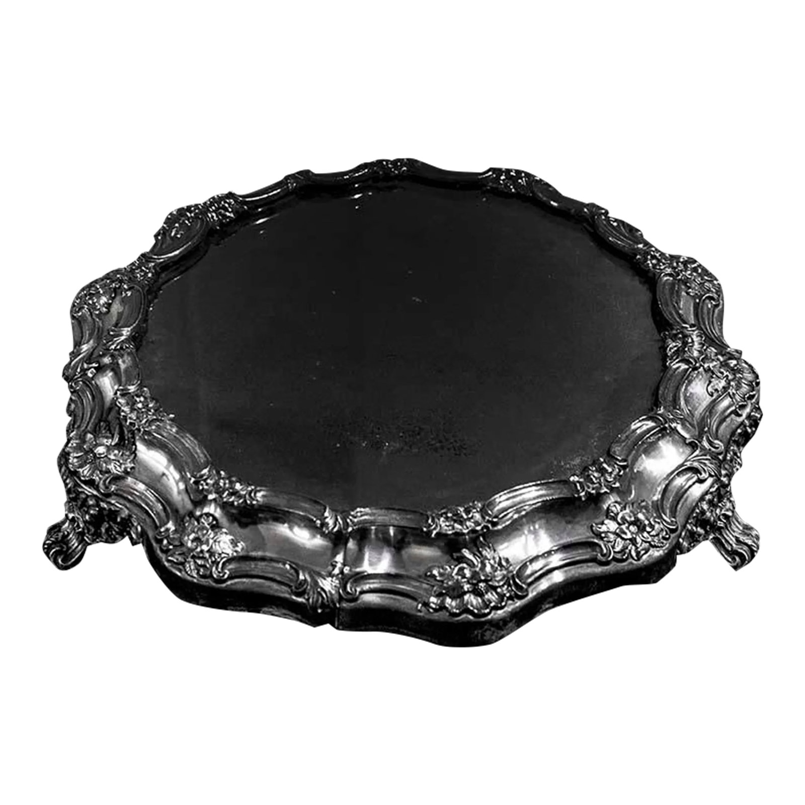 Antique Silverplate Ornate Footed Plateau Vanity Tray: Rare ornate silver plate footed plateau/vanity tray. This is a "one of a kind" piece that was in my family for as long as I can remember. It is not marked and the glass is "foxed" as is typical and ve