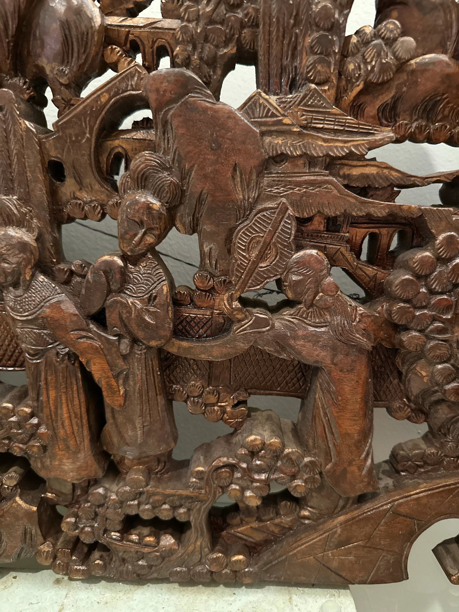 Antique Asian Hand-Carved Wall Art Wood Sculpture Fine Art Scenes - 10