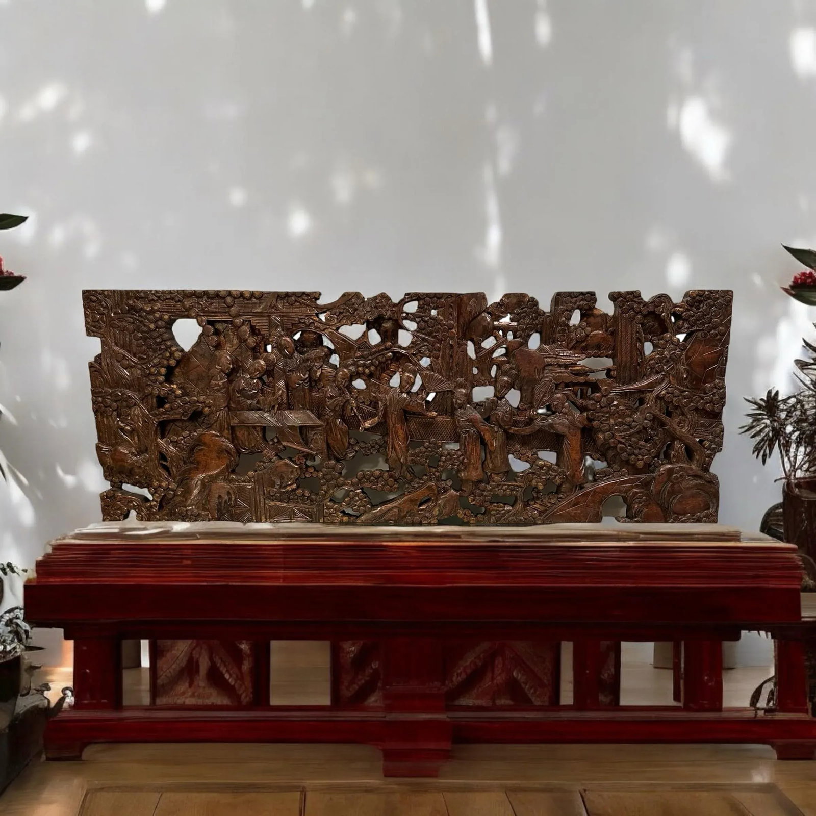 Antique Asian Hand-Carved Wall Art Wood Sculpture Fine Art Scenes - 12