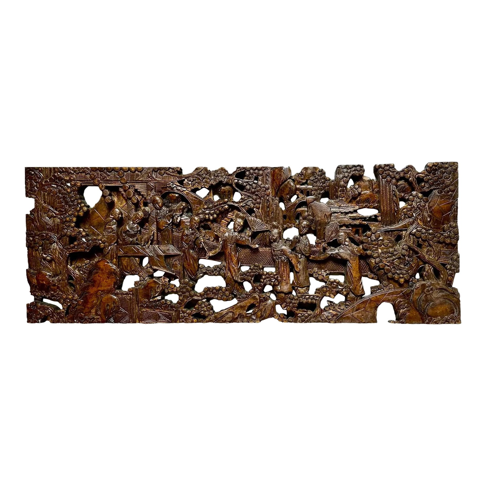 Antique Asian Hand-Carved Wall Art Wood Sculpture Fine Art Scenes: Large Chinese intricately carved wall panel from a single thick wood plank depicts cultural fine art scenes; calligraphy, music, singing, and dancing in backdrop of village pagodas and trees. Gilding