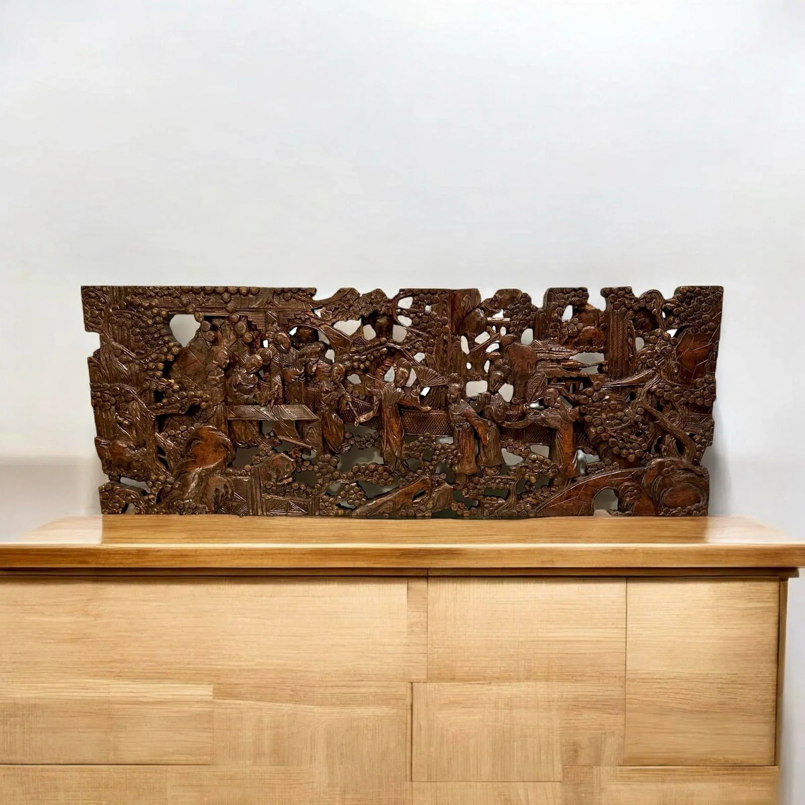 Antique Asian Hand-Carved Wall Art Wood Sculpture Fine Art Scenes - 2