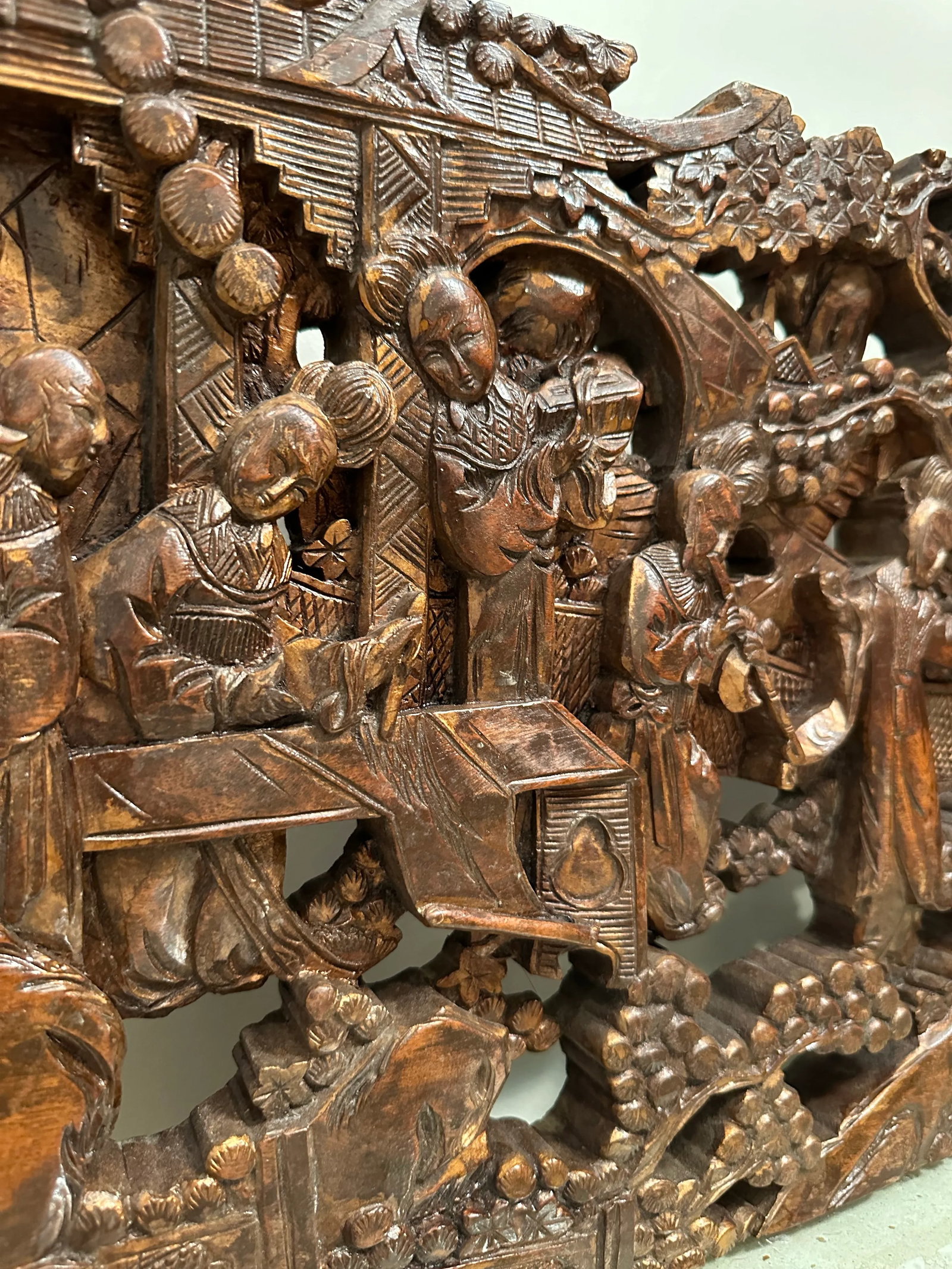 Antique Asian Hand-Carved Wall Art Wood Sculpture Fine Art Scenes - 8