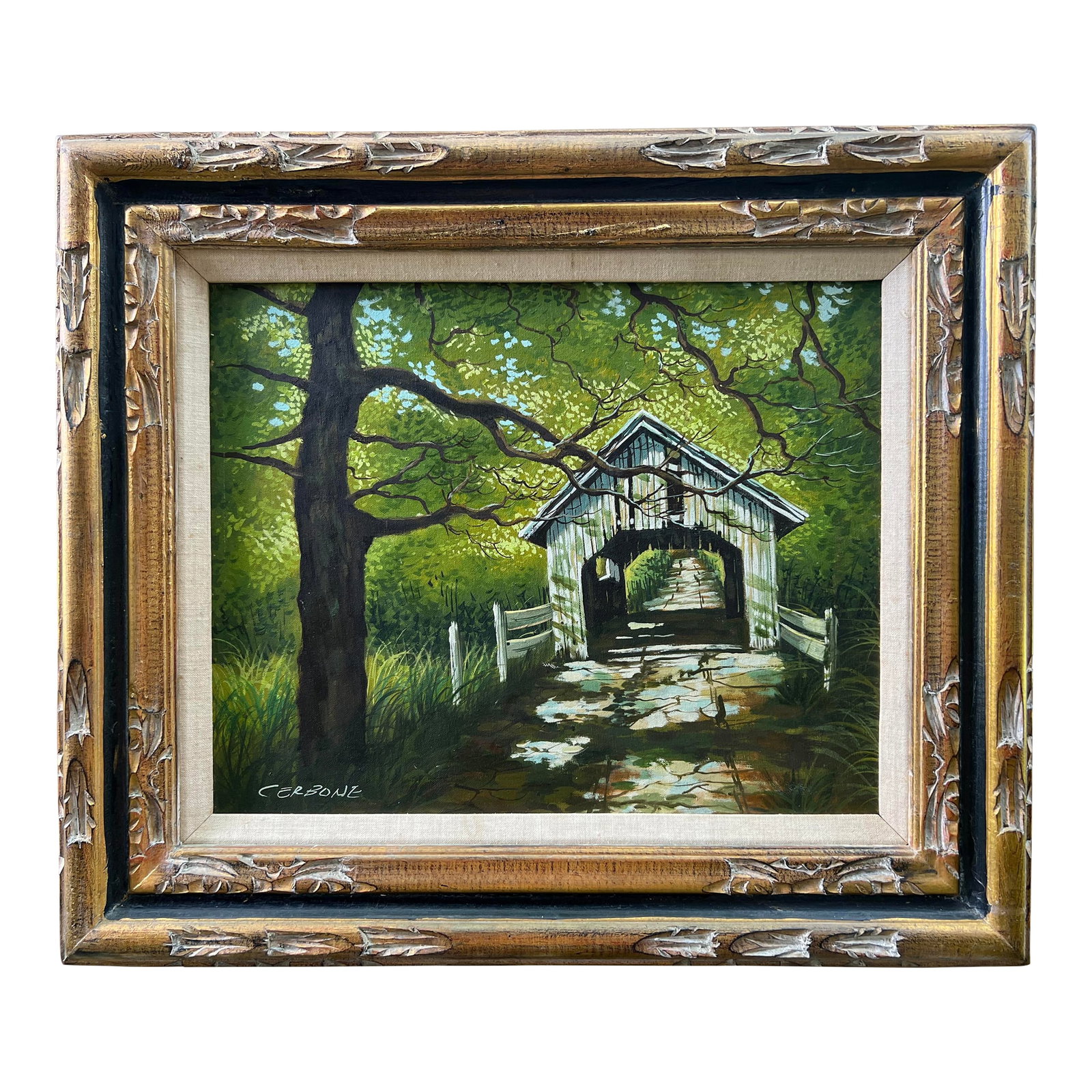 Late 20th Century Landscape Oil Painting, Covered Bridge Forest, Contemporary by Cerbone, Framed Car: Contemporary Modern Landscape Painting of a Covered Bridge in forest Signed by the Artist: Cerbone oil on Canvis Framed with a carved wood and linen inner mat band. Image sight window is: 19.3/4 wide