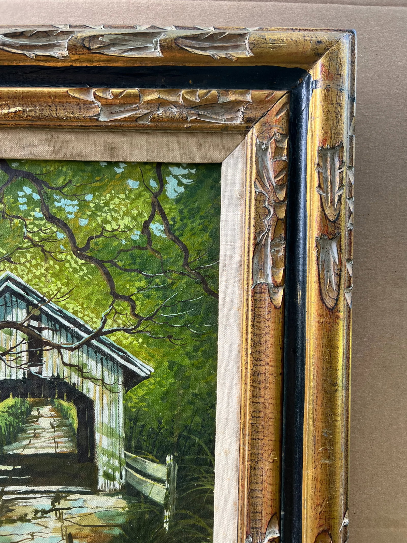 Late 20th Century Landscape Oil Painting, Covered Bridge Forest, Contemporary by Cerbone, Framed Car - 6