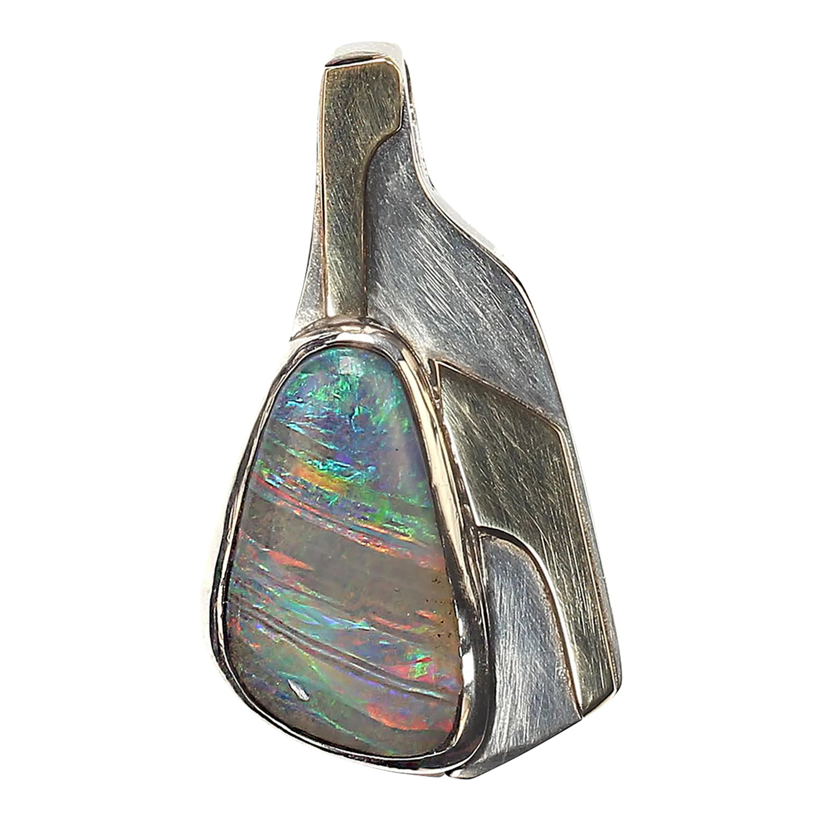 Late 20th Century Brazilian Opal in Sterling and 18k Gold Pendant: Unique Brazilian Boulder Opal Pendant in Sterling Silver and 18K Gold Discover the elegance of our one-of-a-kind Brazilian boulder opal pendant, expertly crafted in sterling silver and accented with