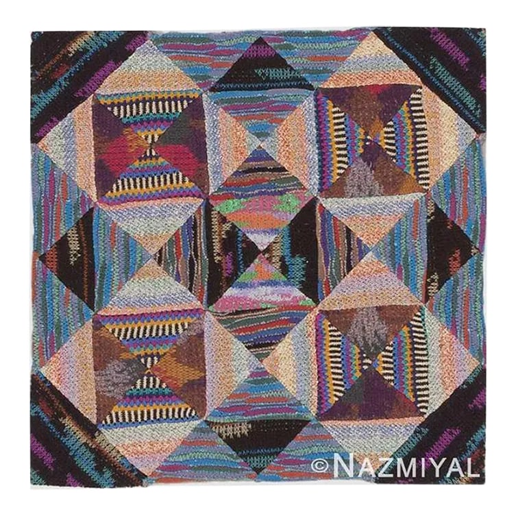 Nazmiyal Collection Square Vintage Mid Century Modern Missoni Textile Art: This delightful vintage patchwork collage depicts a beautiful assemblage of distinctive variegated patterns and striped knits crafted by the legendary Missoni design house. Vintage Missoni Textile Art