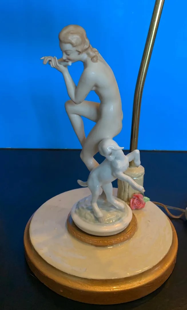 Vintage Lhs Hutschenreuther Selb Porcelain Nymph and Lamb Boudoir Table Lamp - 11