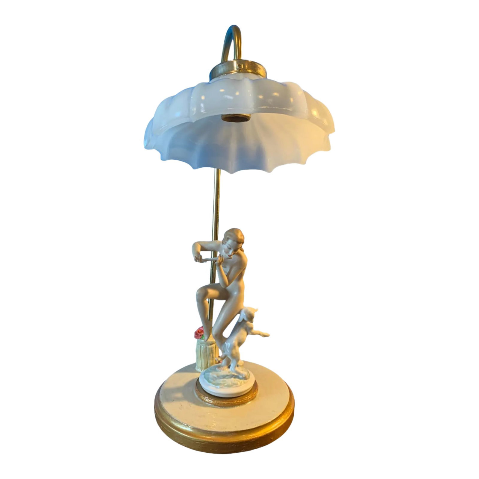 Vintage Lhs Hutschenreuther Selb Porcelain Nymph and Lamb Boudoir Table Lamp: This boudoir lamp features a beautiful porcelain figurine of a nude nymph, gracefully entertaining her playful lamb. As she dances with a fluid grace, her fingers tenderly cradle a flute, and her deli