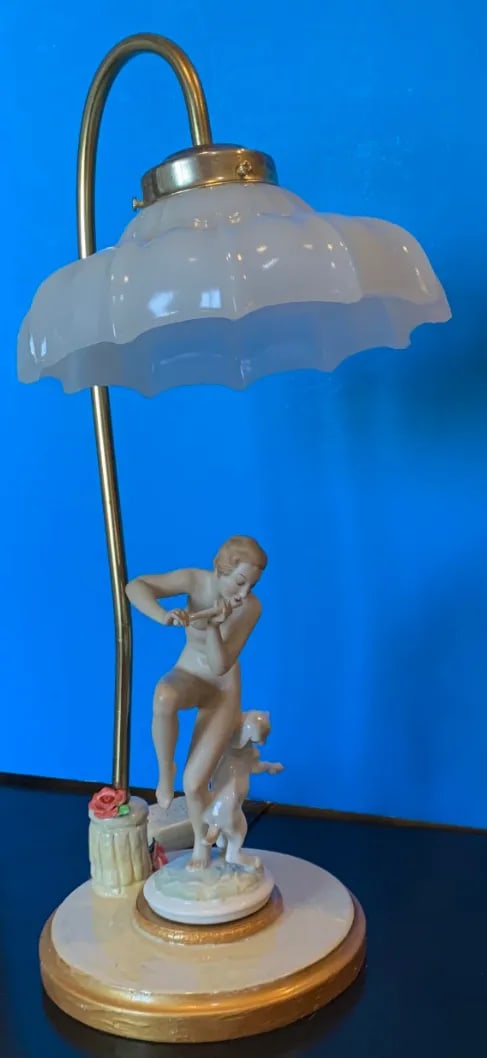 Vintage Lhs Hutschenreuther Selb Porcelain Nymph and Lamb Boudoir Table Lamp - 2