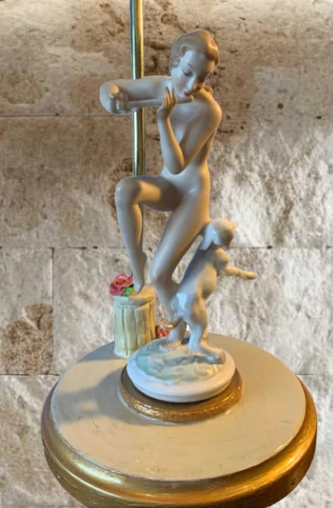 Vintage Lhs Hutschenreuther Selb Porcelain Nymph and Lamb Boudoir Table Lamp - 3