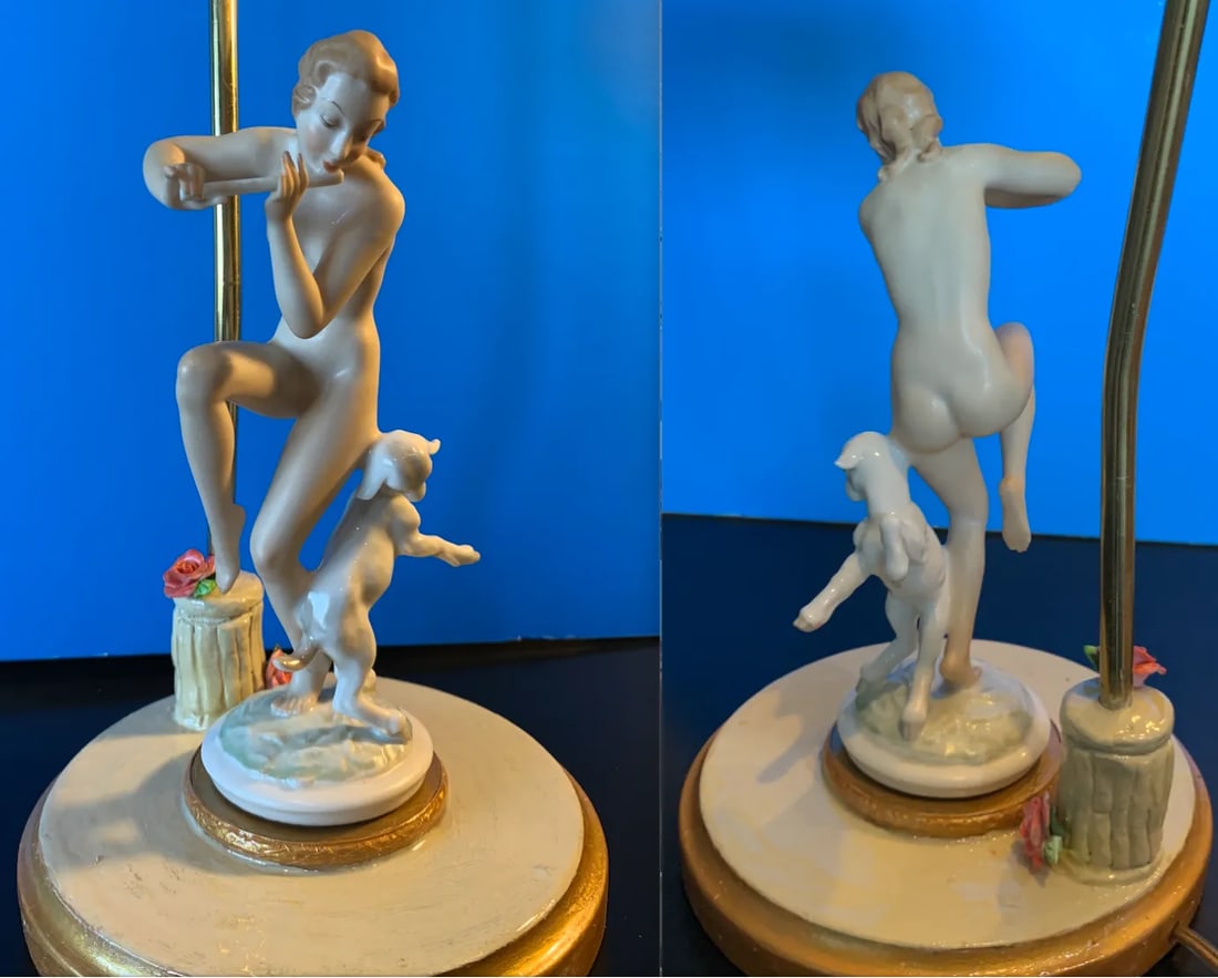 Vintage Lhs Hutschenreuther Selb Porcelain Nymph and Lamb Boudoir Table Lamp - 6