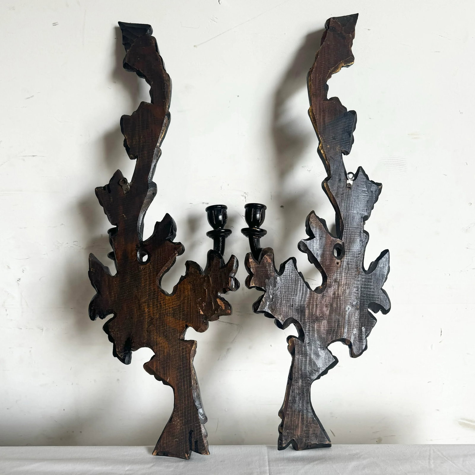 Vintage Hand Carved Black Wooden Candle Sconces - a Pair - 11