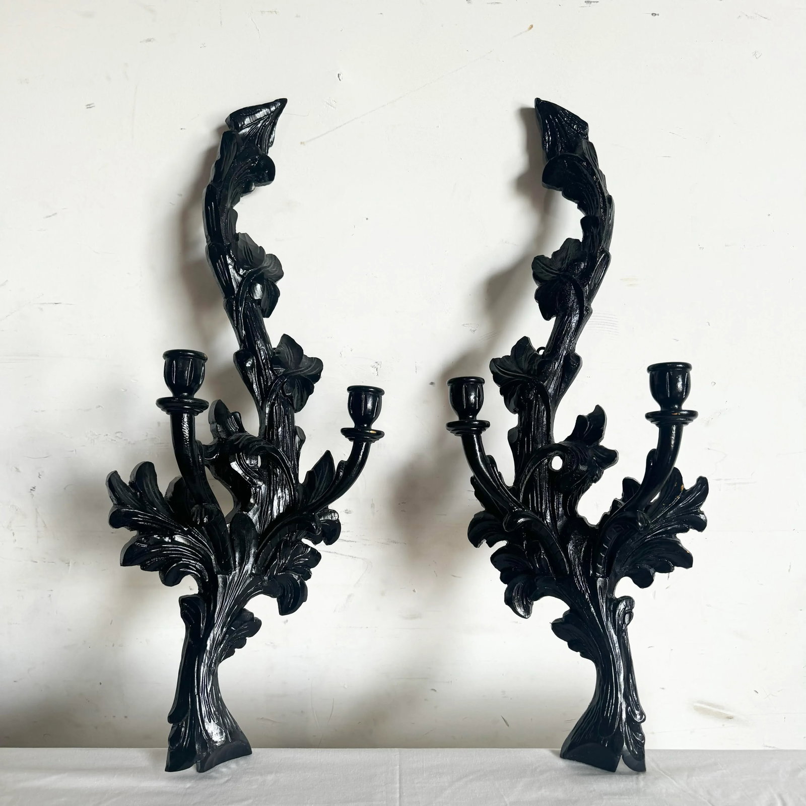 Vintage Hand Carved Black Wooden Candle Sconces - a Pair - 2