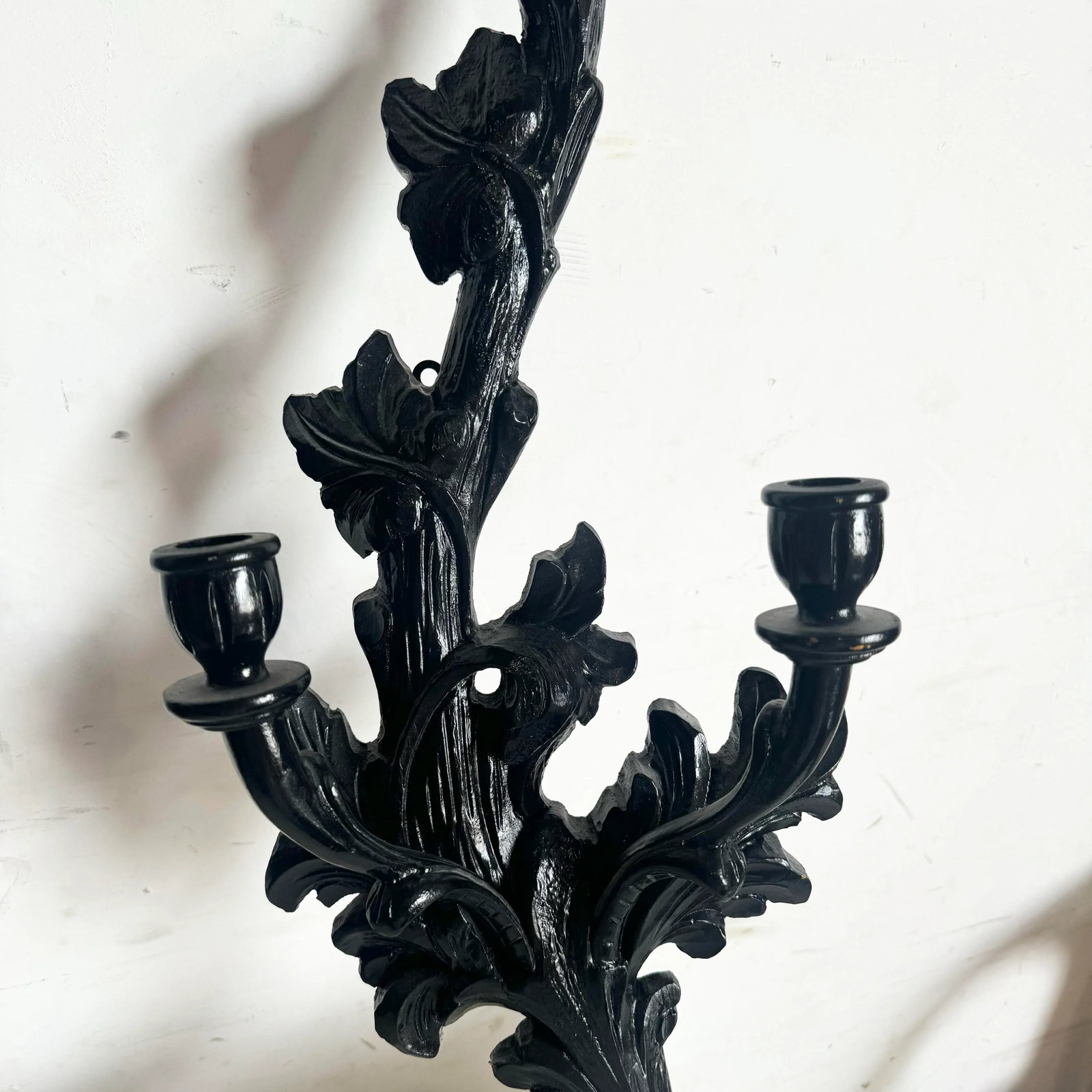 Vintage Hand Carved Black Wooden Candle Sconces - a Pair - 3