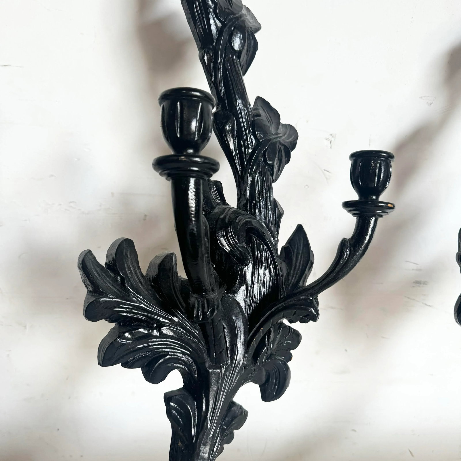 Vintage Hand Carved Black Wooden Candle Sconces - a Pair - 4