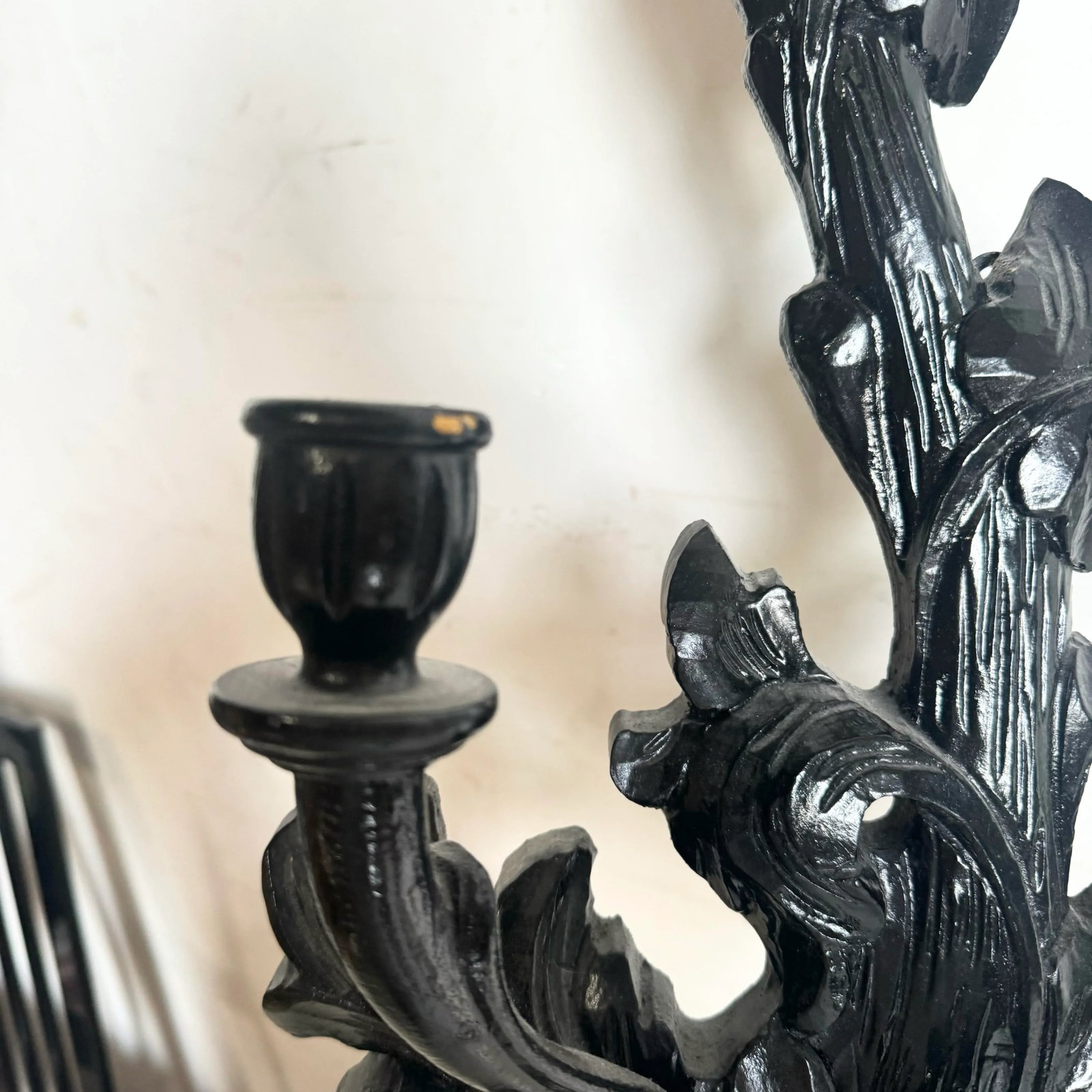 Vintage Hand Carved Black Wooden Candle Sconces - a Pair - 6