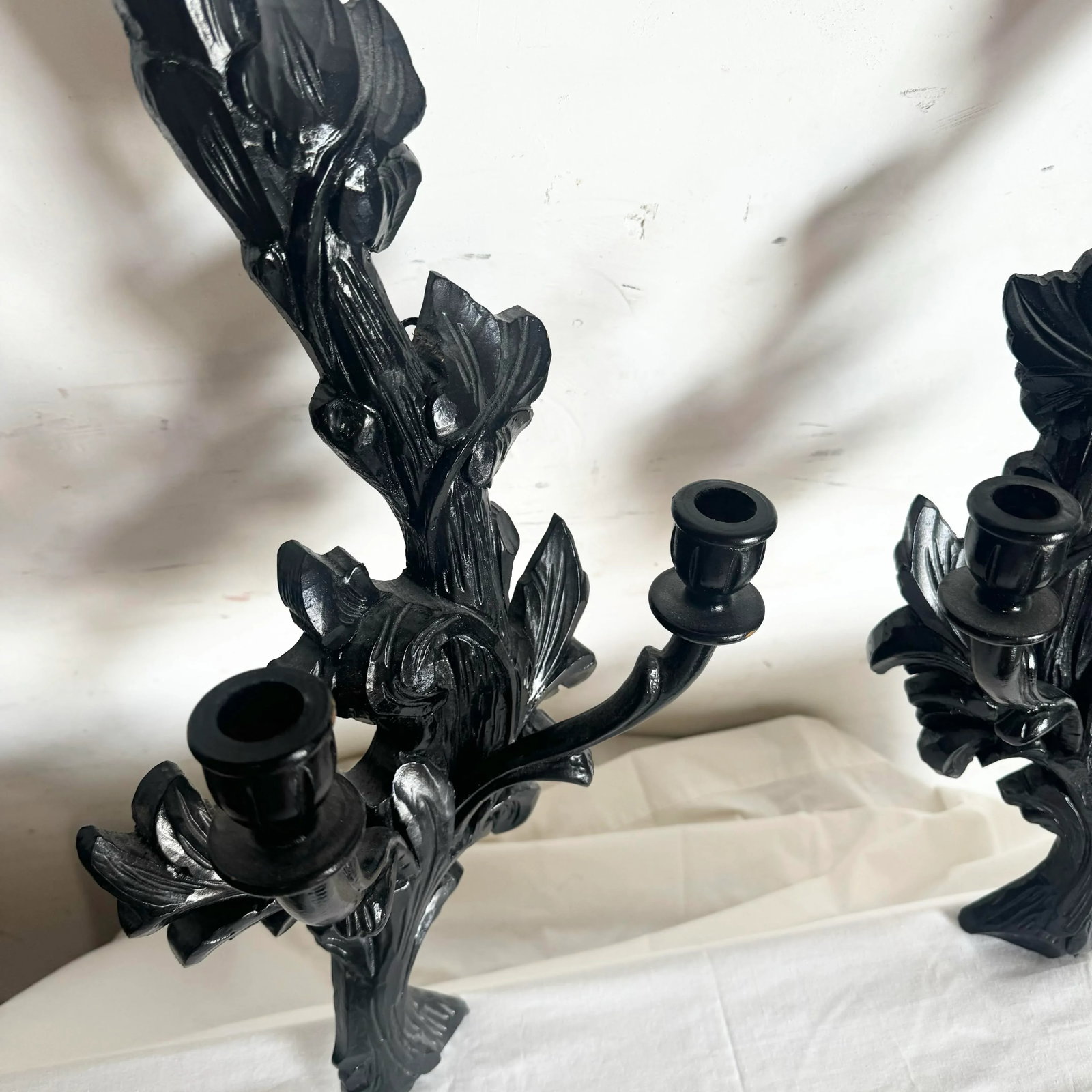 Vintage Hand Carved Black Wooden Candle Sconces - a Pair - 7