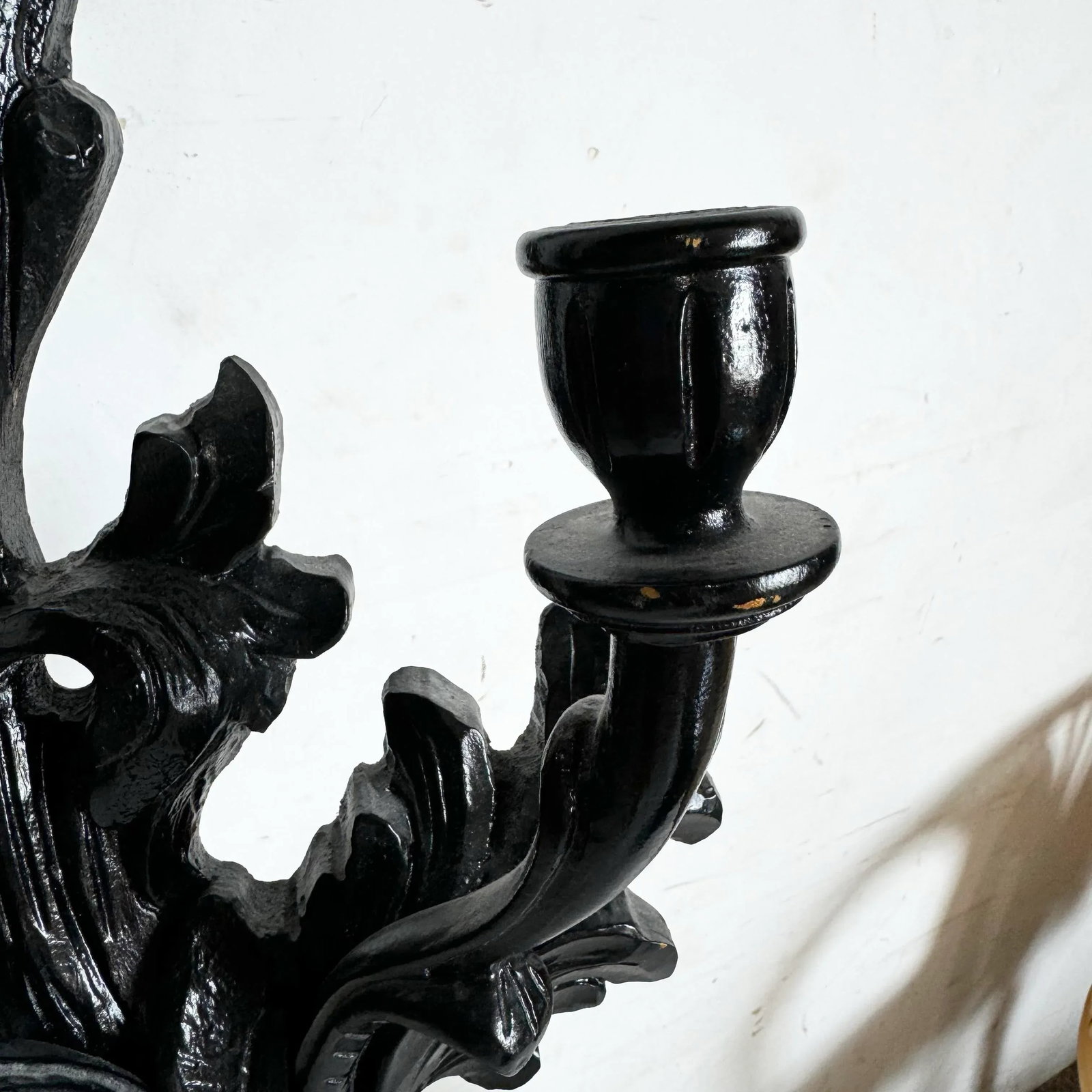 Vintage Hand Carved Black Wooden Candle Sconces - a Pair - 8