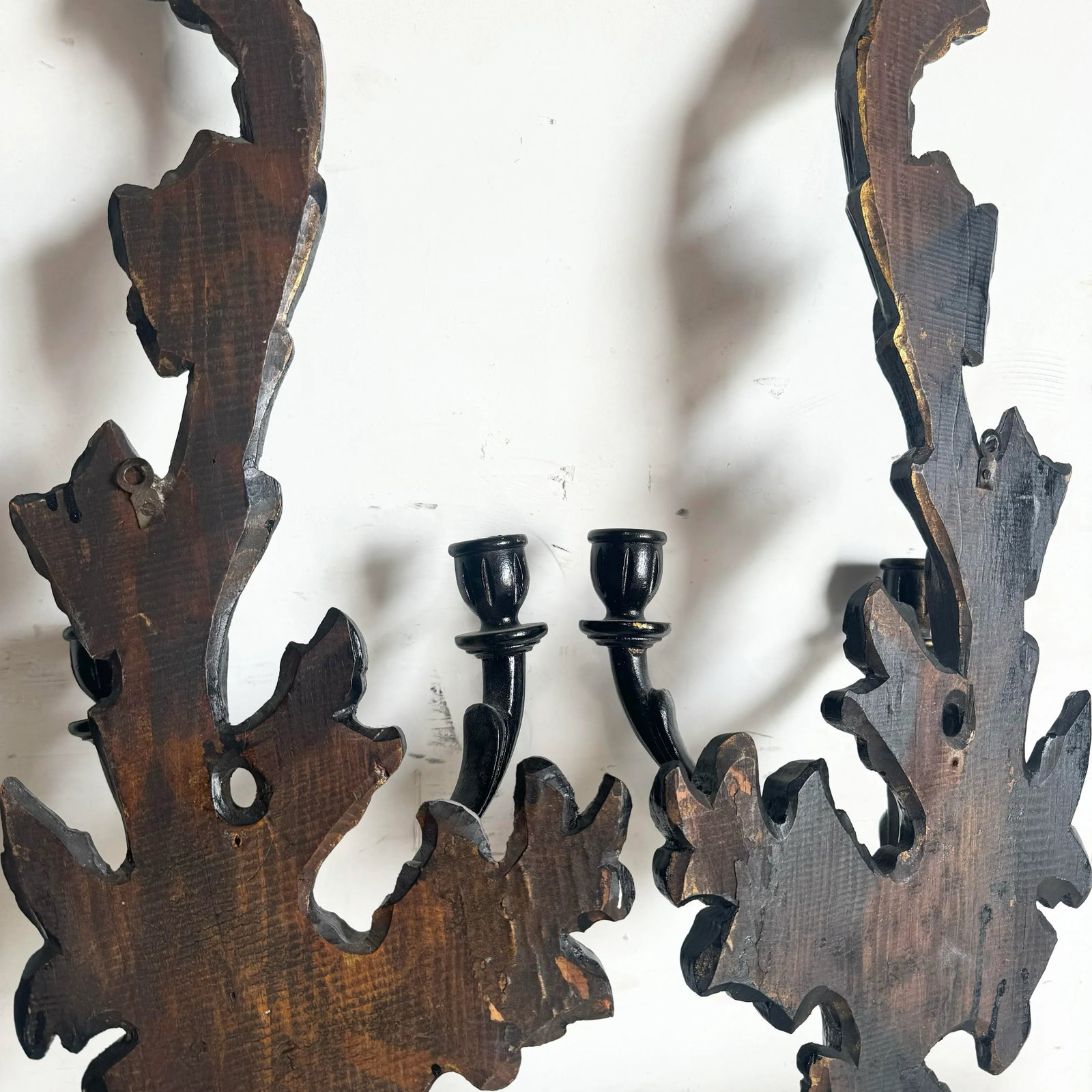 Vintage Hand Carved Black Wooden Candle Sconces - a Pair - 9
