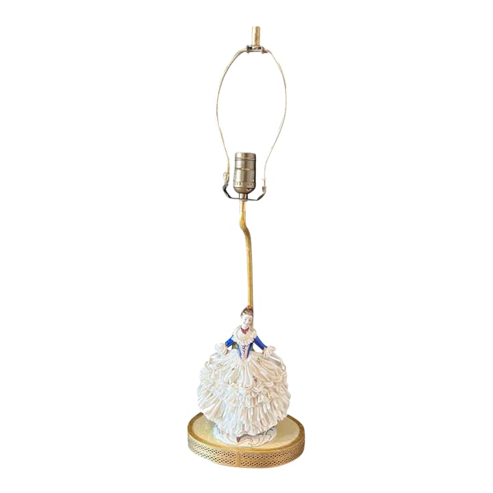 Franz Witter Dresden Porcelain Figurine Table Lamp- Lady With a Lace Dress: This exquisite Mid-century Dresden figurine, a finely crafted piece by the illustrious Franz Witter Co. of Germany. This delicate figurine portrays a young lady dressed in elegant 18th-century