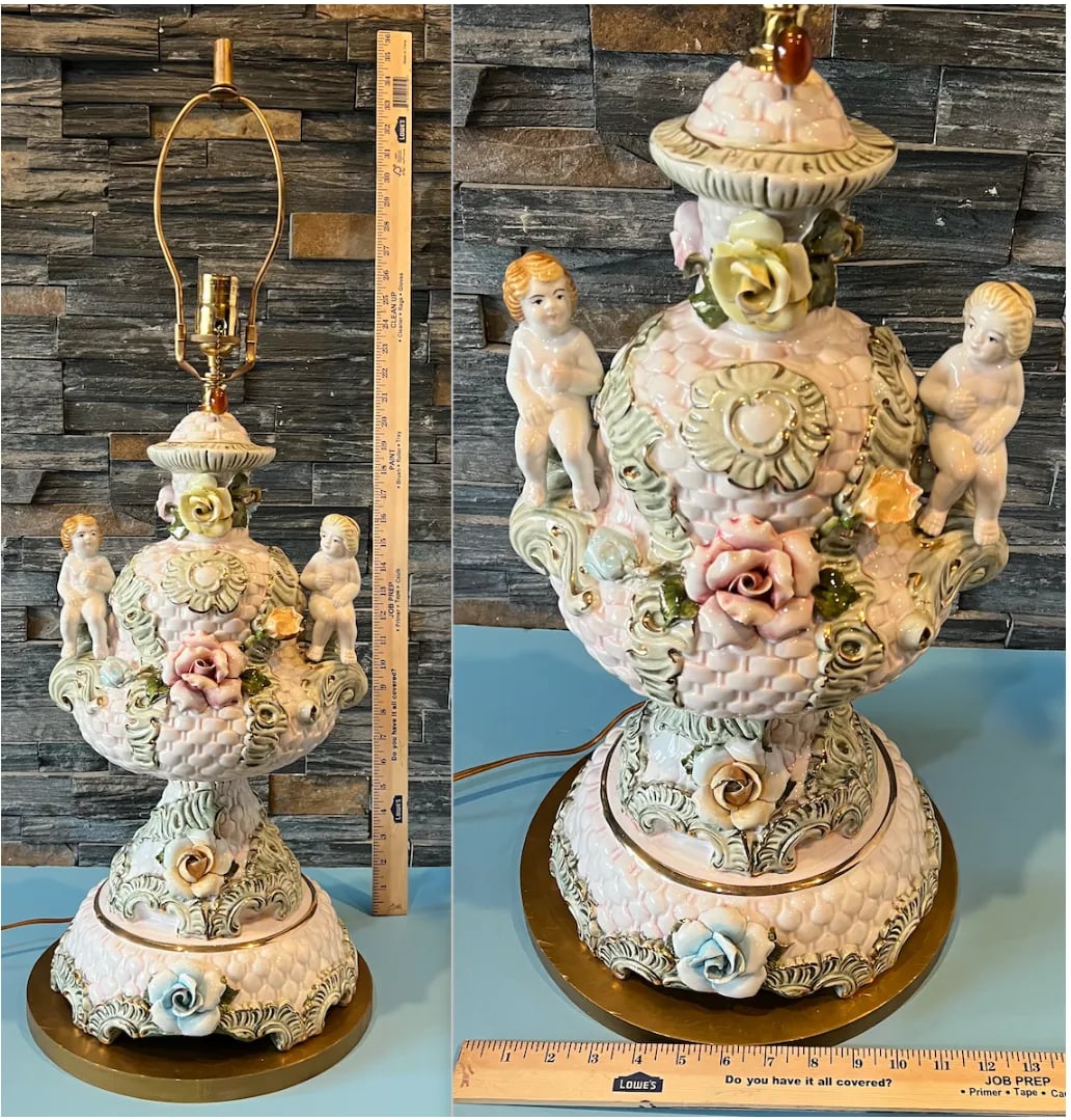 Mid-Century Capodimonte Porcelain Cherub Basketweave Floral Table Lamp - 12