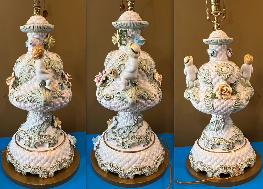 Mid-Century Capodimonte Porcelain Cherub Basketweave Floral Table Lamp - 6