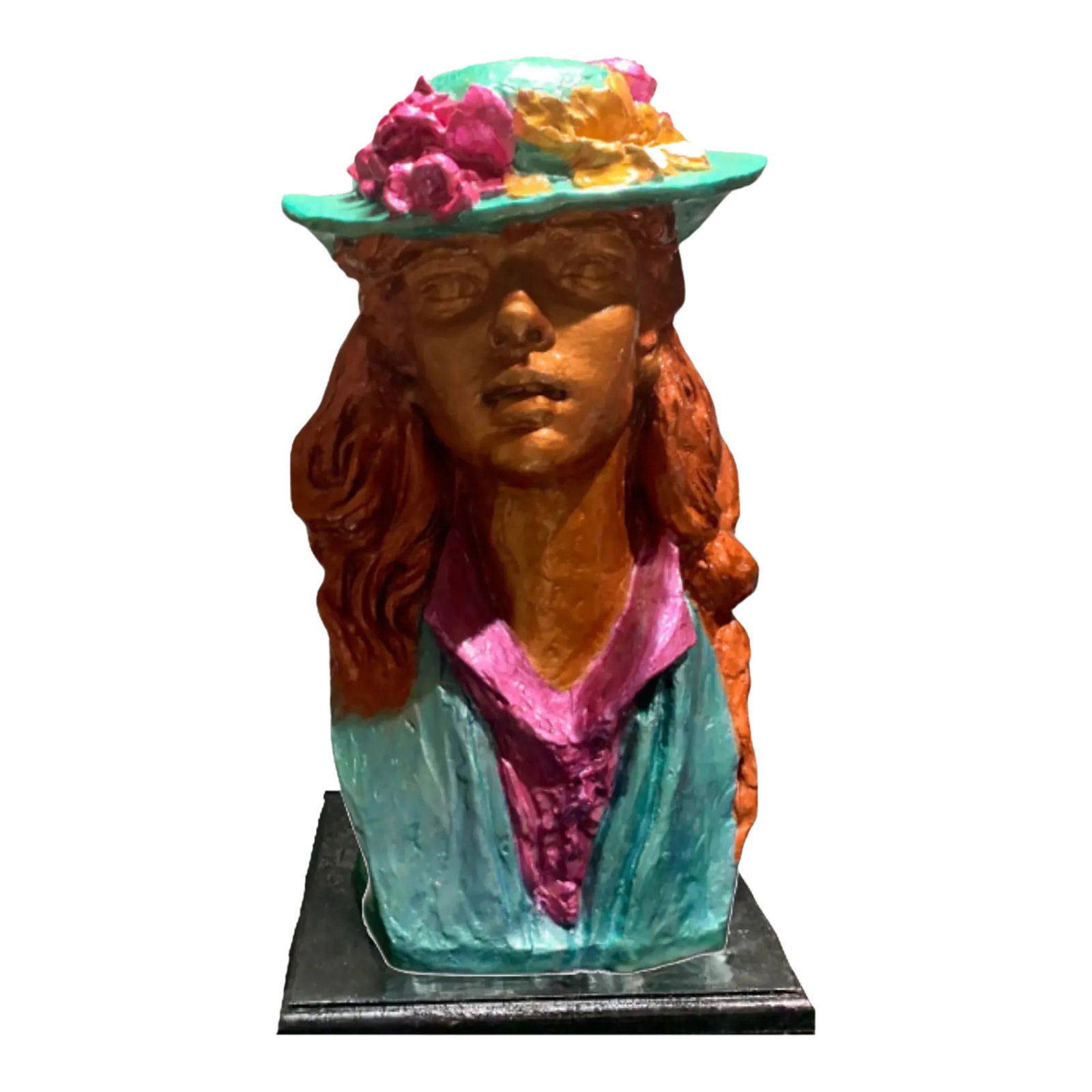 Vintage Bust Young Girl Flower Hat: Standing 21 inches tall, this enchanting chalkware bust embodies the spirit of youth and the timeless allure of classic artistry. Crafted by Austin Productions in 1979, the piece features a young
